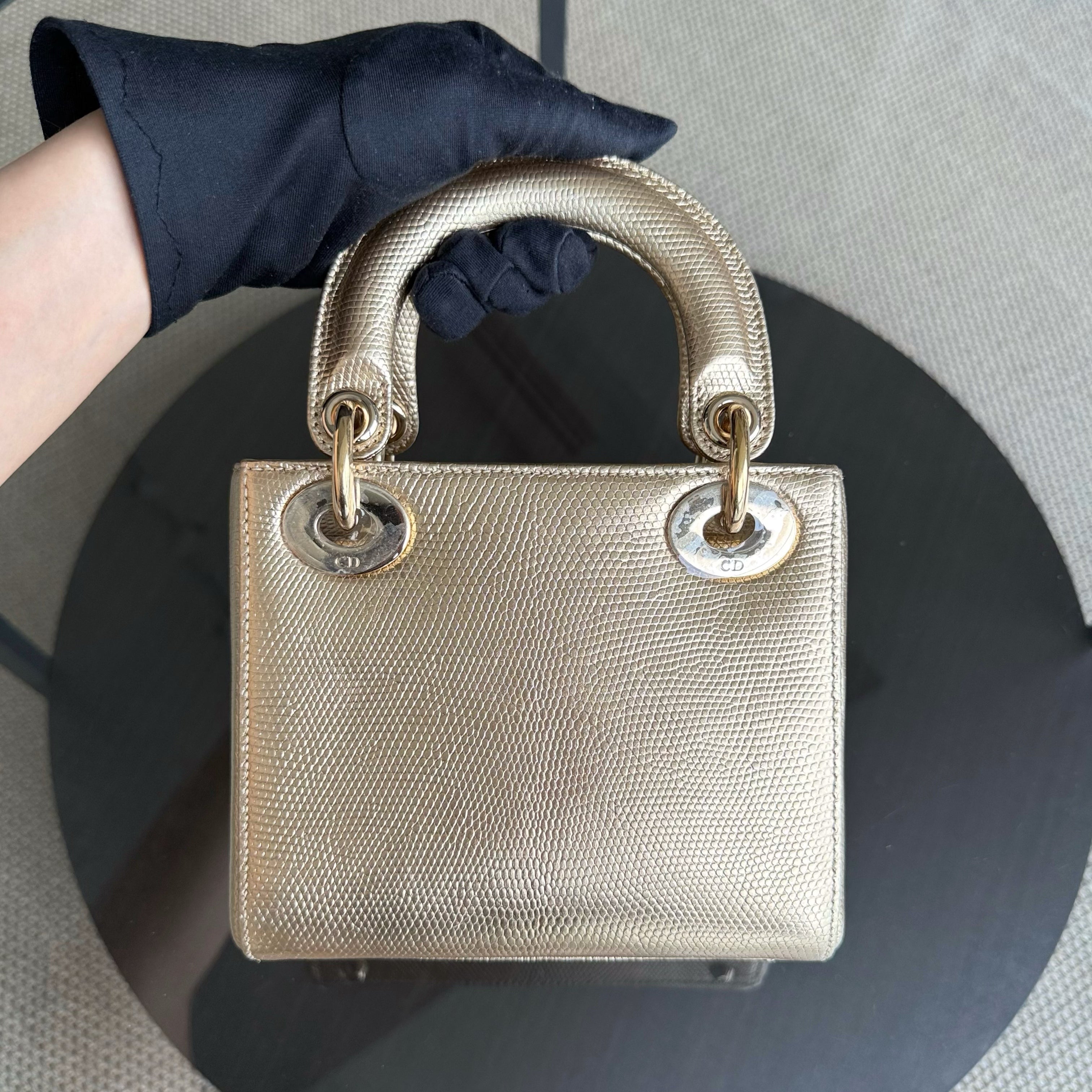 Dior Lady Mini - Exotic Lizard Skin Gold Metallic Gold Hardware Chain Strap