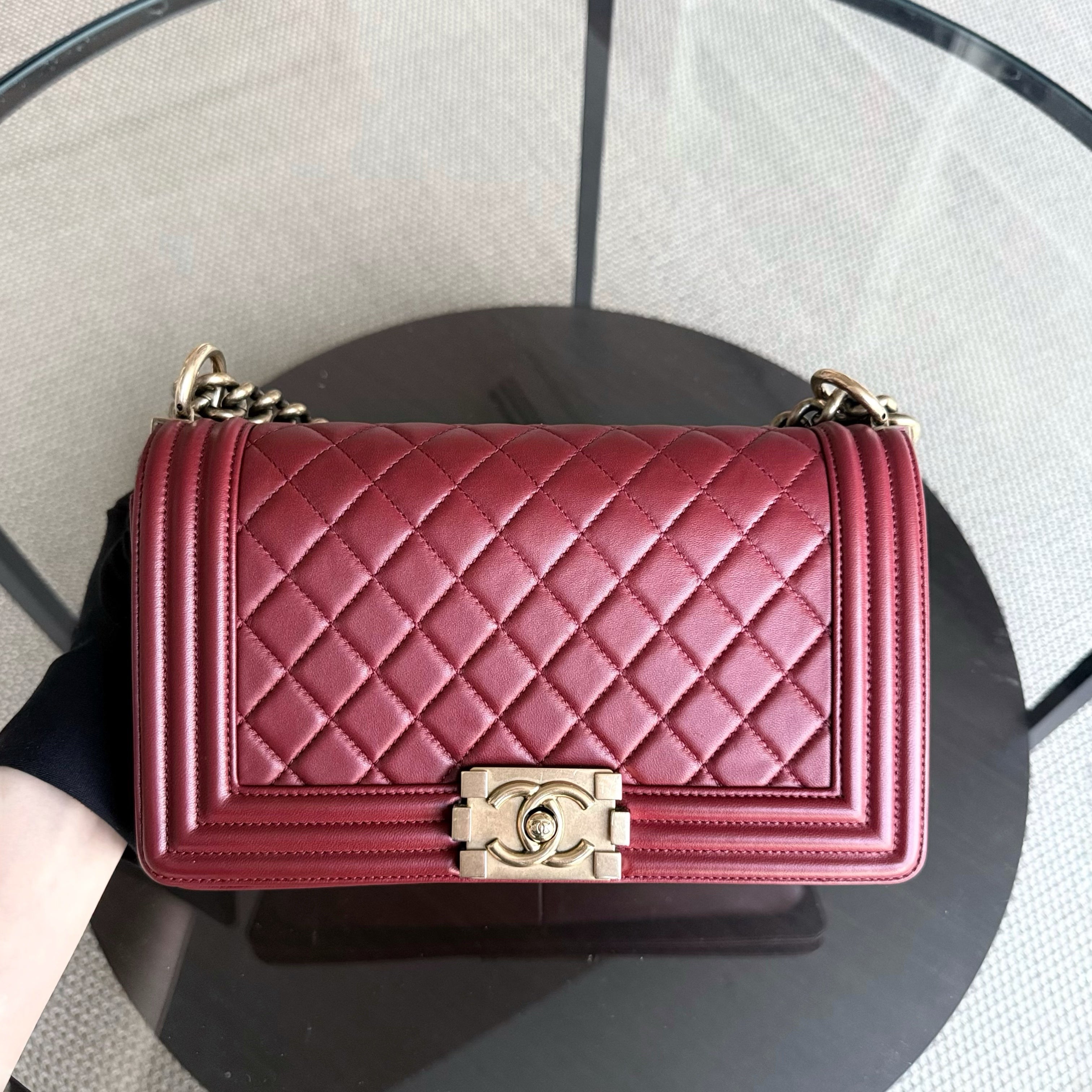 Chanel Boy Medium - 25CM Quilted Lambskin Dark Red Gold Hardware Series 19