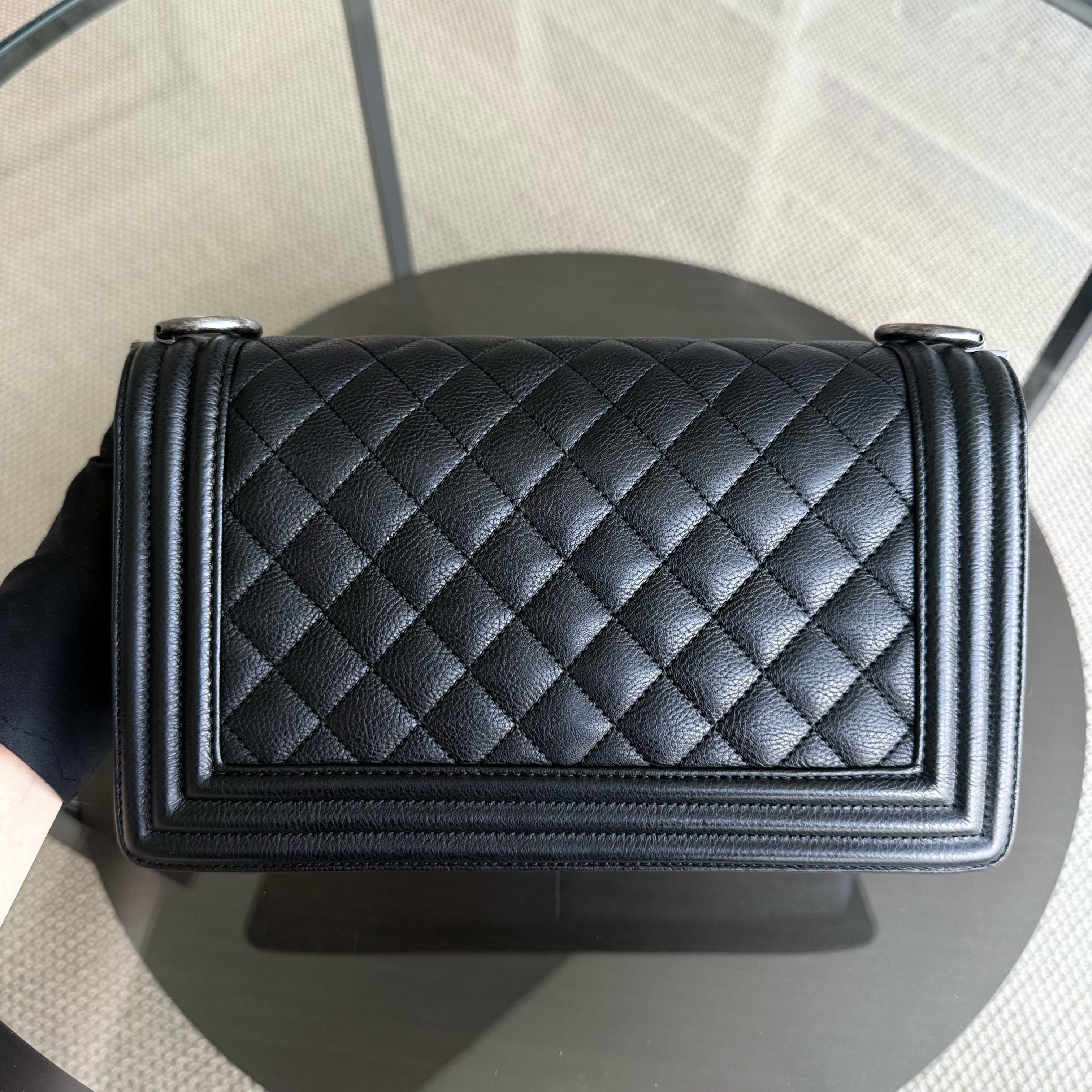 Chanel Boy Medium - Grained Calfskin 25CM Quilted Black Ruthenium Silver Hardware Series 23