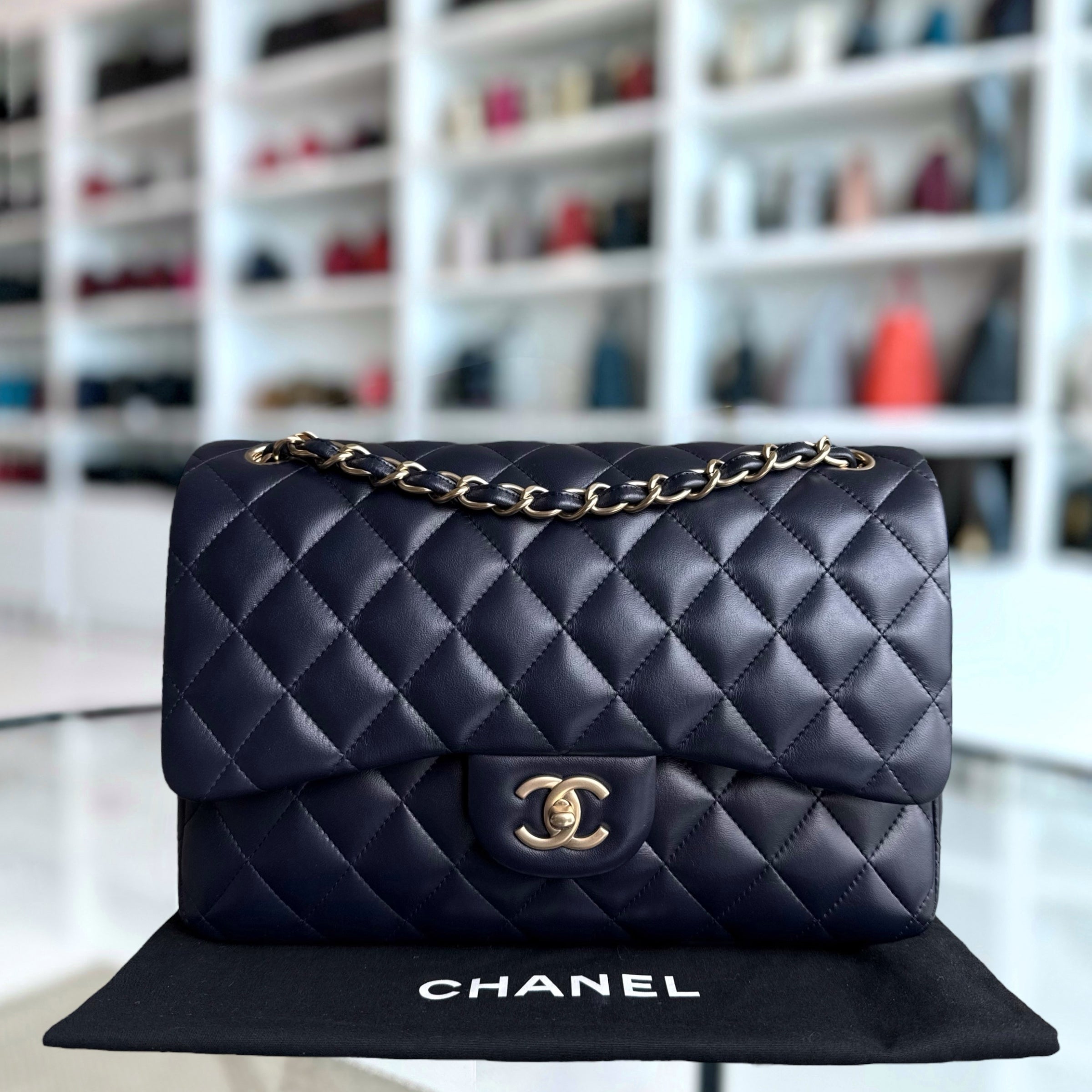 Chanel Classic Flap Jumbo - Double Flap 30CM Quilted Lambskin Dark Blue Gold Hardware Series 20