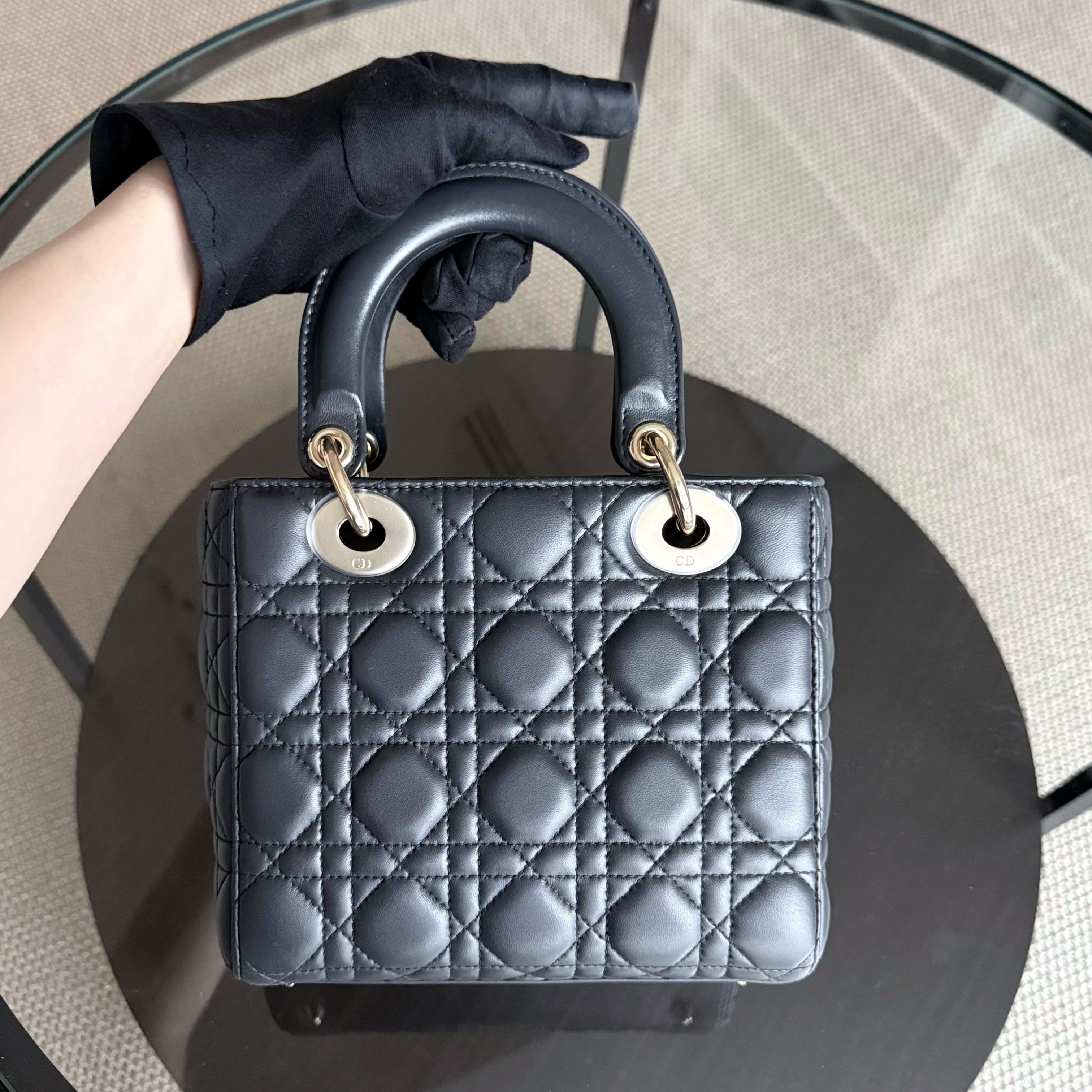 Dior Lady Small - Cannage Lambskin Dark Grey Gray Charcoal Gold Hardware