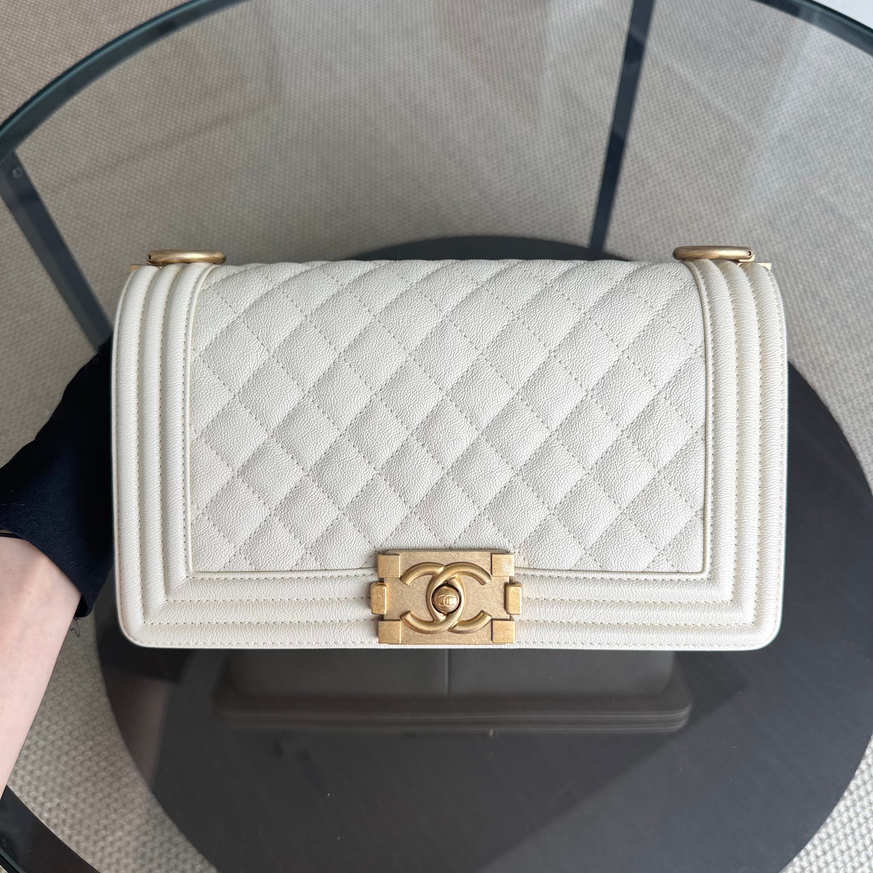 Chanel Boy Medium - Caviar 25CM Cream White Aged Gold Hardware Series 26
