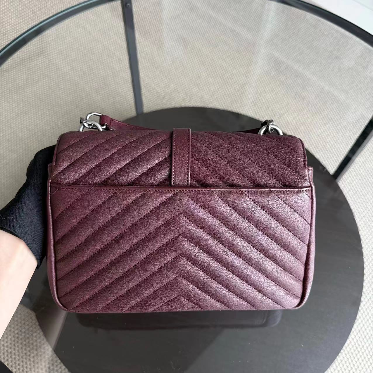 Yves Saint Laurent YSL College - Medium Chevron Leather Burgundy Ruthenium Silver Hardware