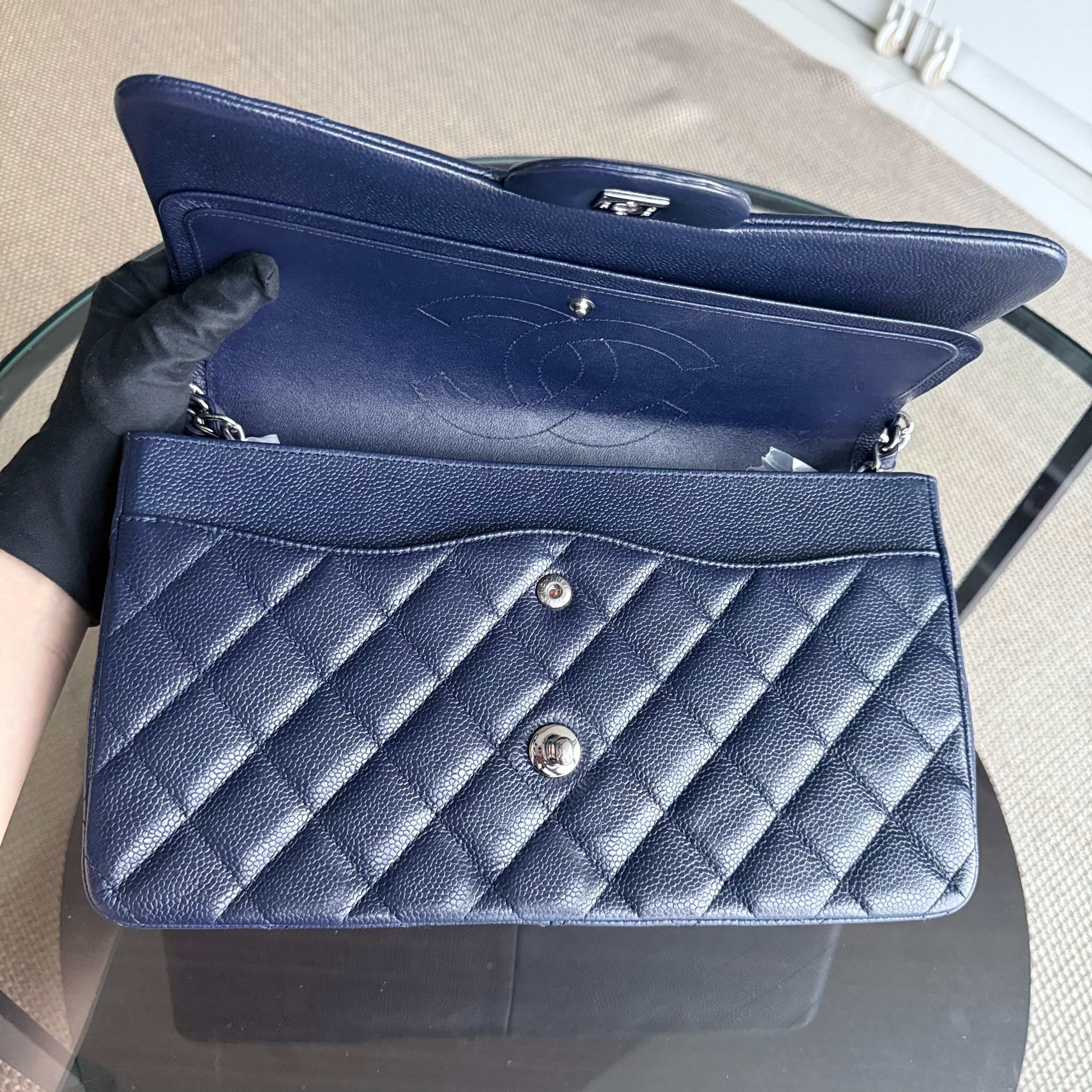 Chanel Classic Flap Jumbo - Caviar Double Flap 30CM Quilted Grained Calfskin Dark Blue Silver Hardware Series 19