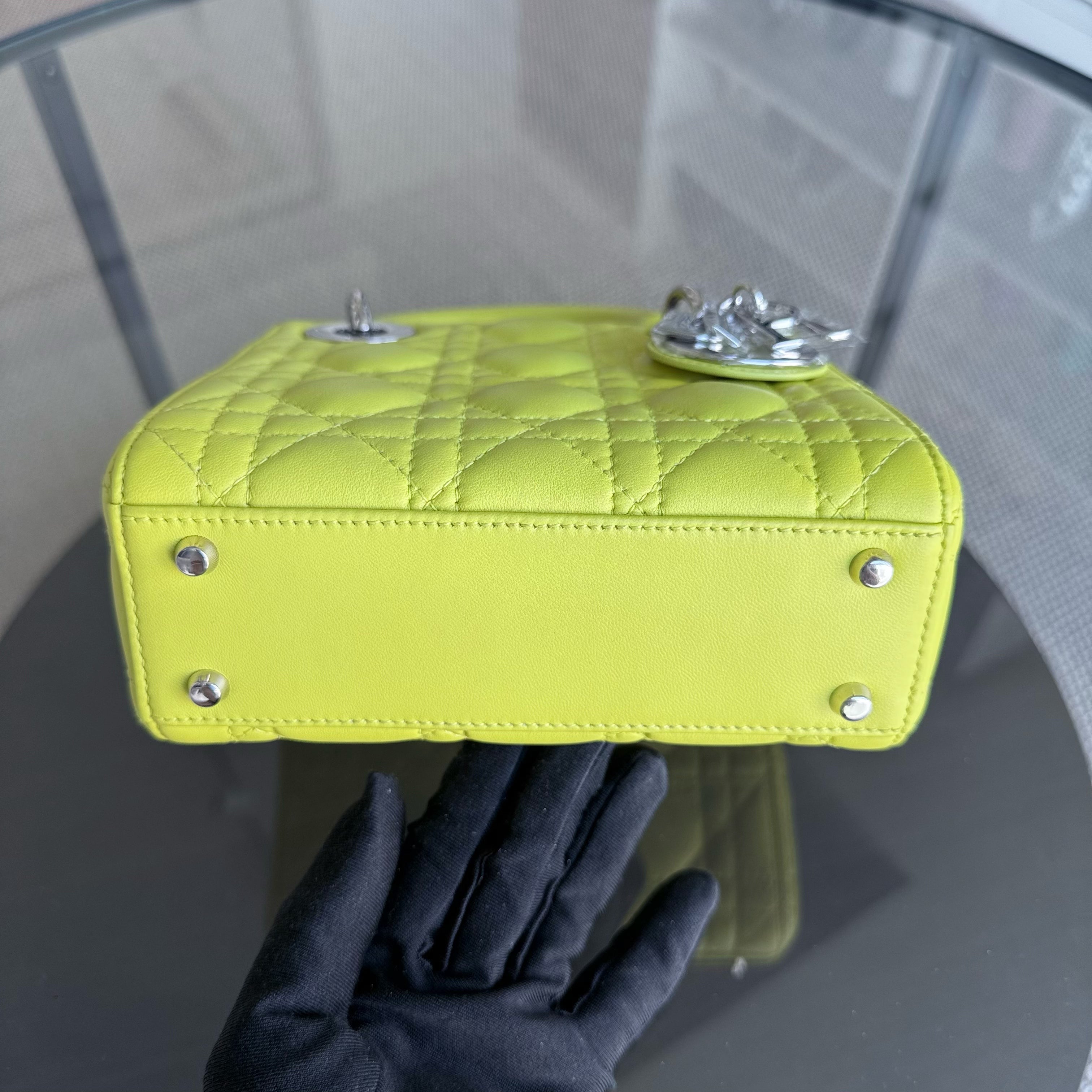 Dior Lady Mini - Cannage Lambskin Yellow Silver Hardware Adjustable Strap