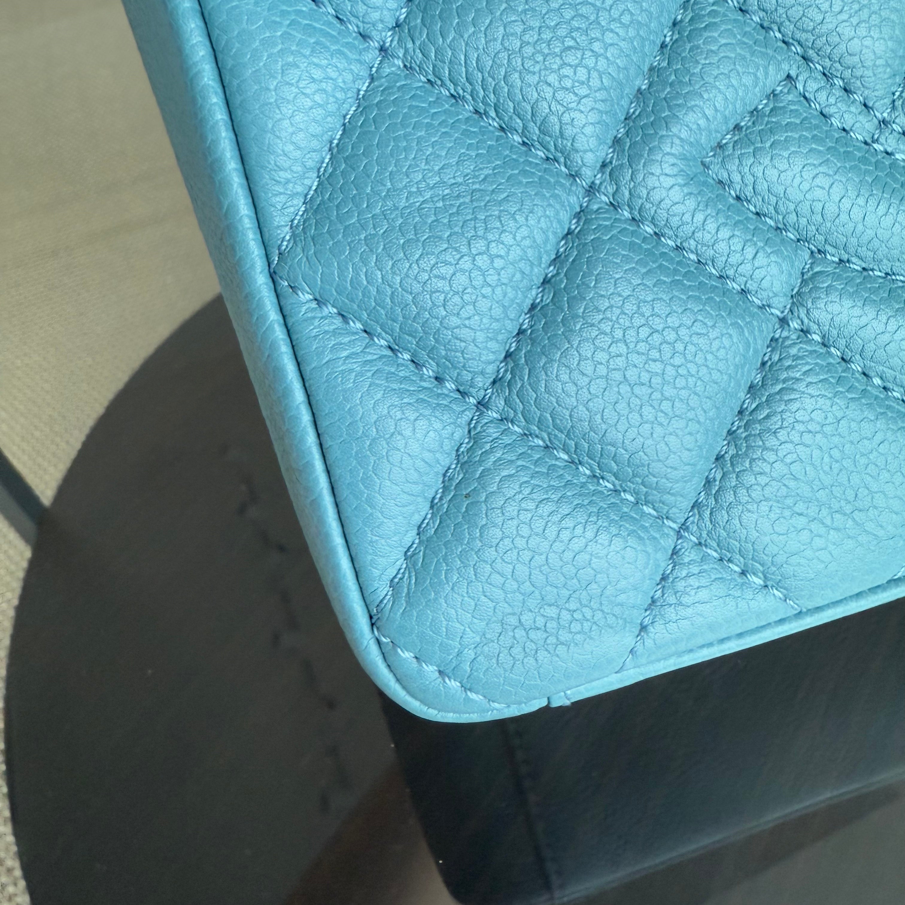 Chanel PST Petite Shopping Tote - Quilted Caviar Light Blue Silver Hardware Series 14