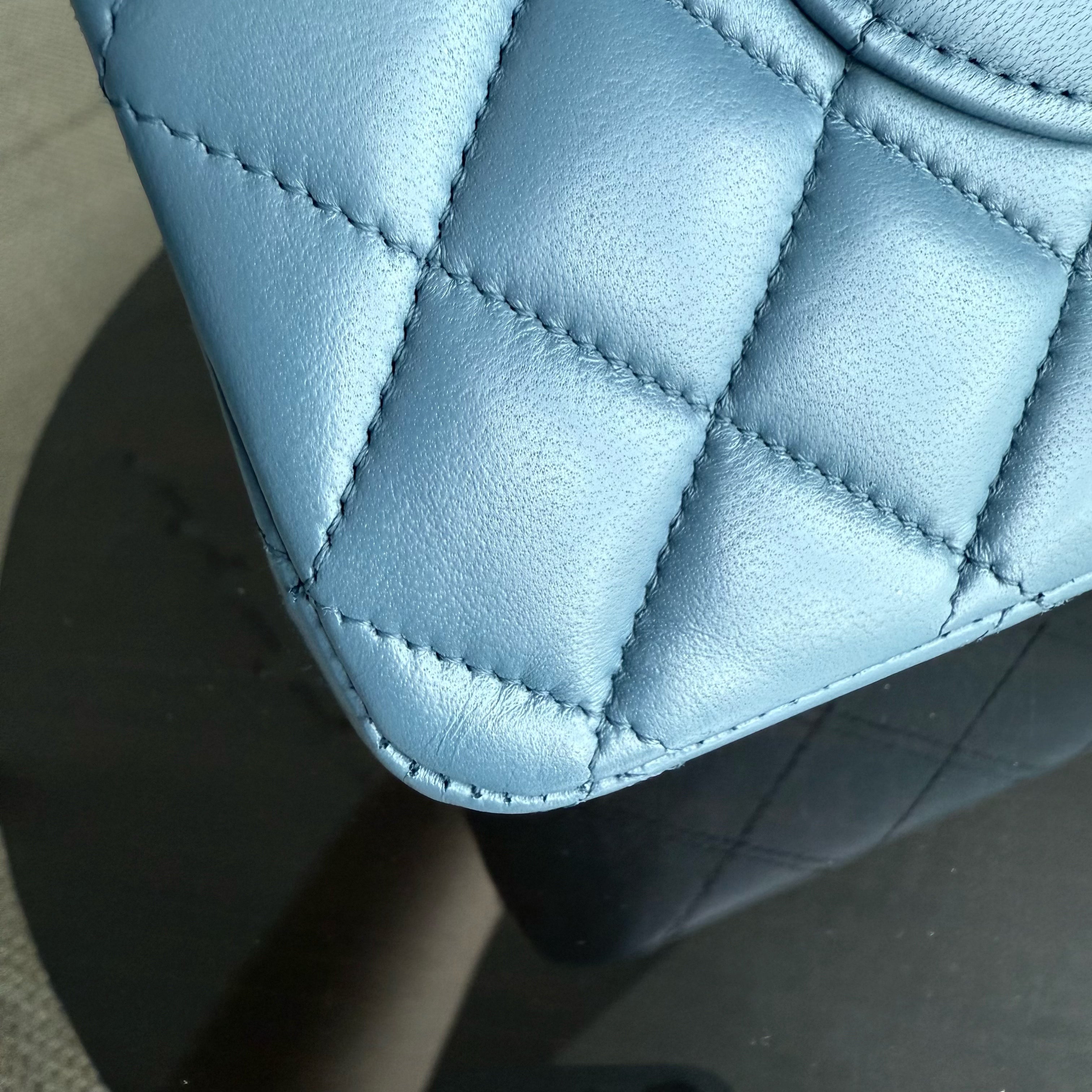 Chanel Classic Flap Medium - 25CM Quilted Lambskin Haze Blue Silver Hardware & Balance of Chanel PST RED