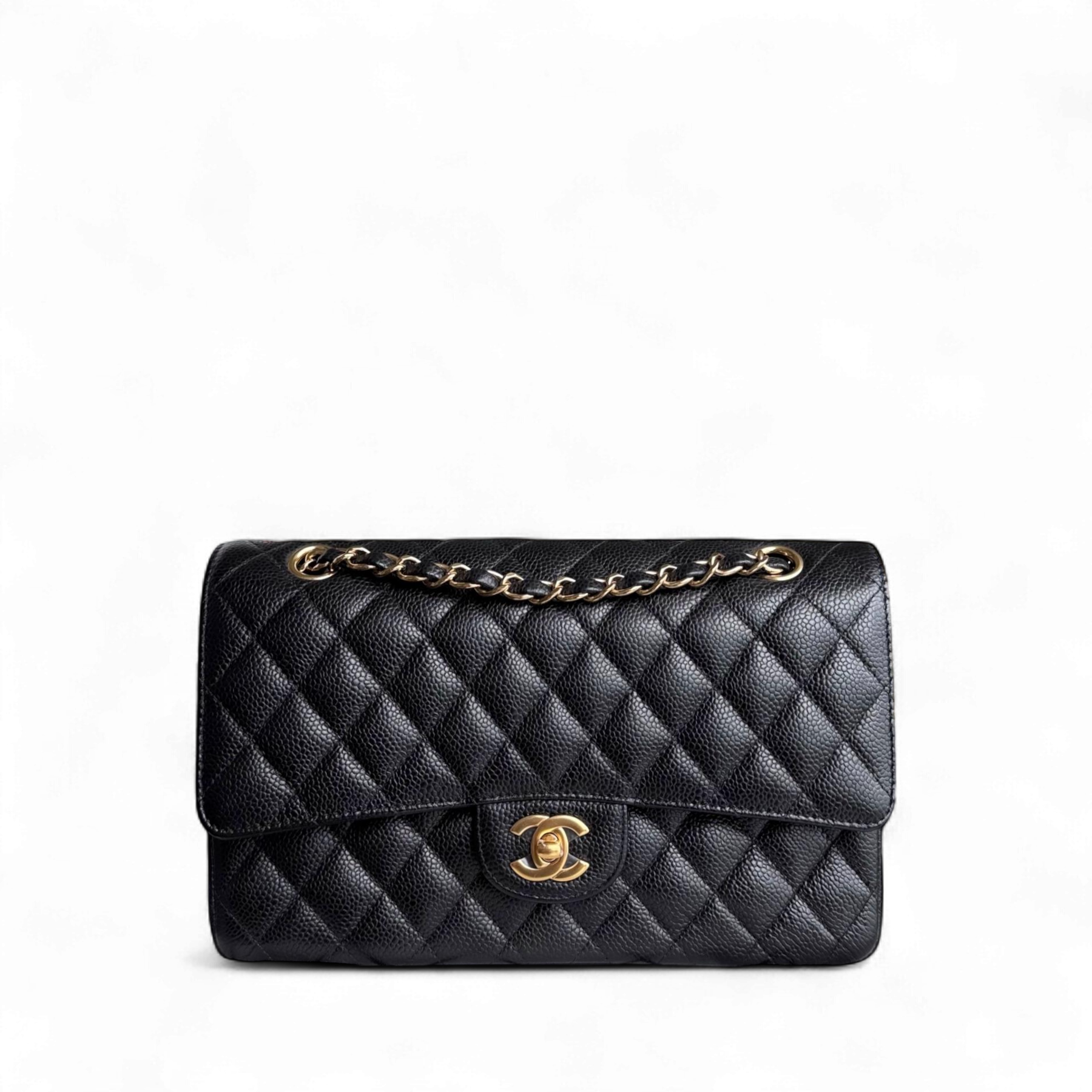 Chanel Classic Flap Medium - Caviar 25CM Quilted Grained Calfskin Black Gold Hardware Series 25