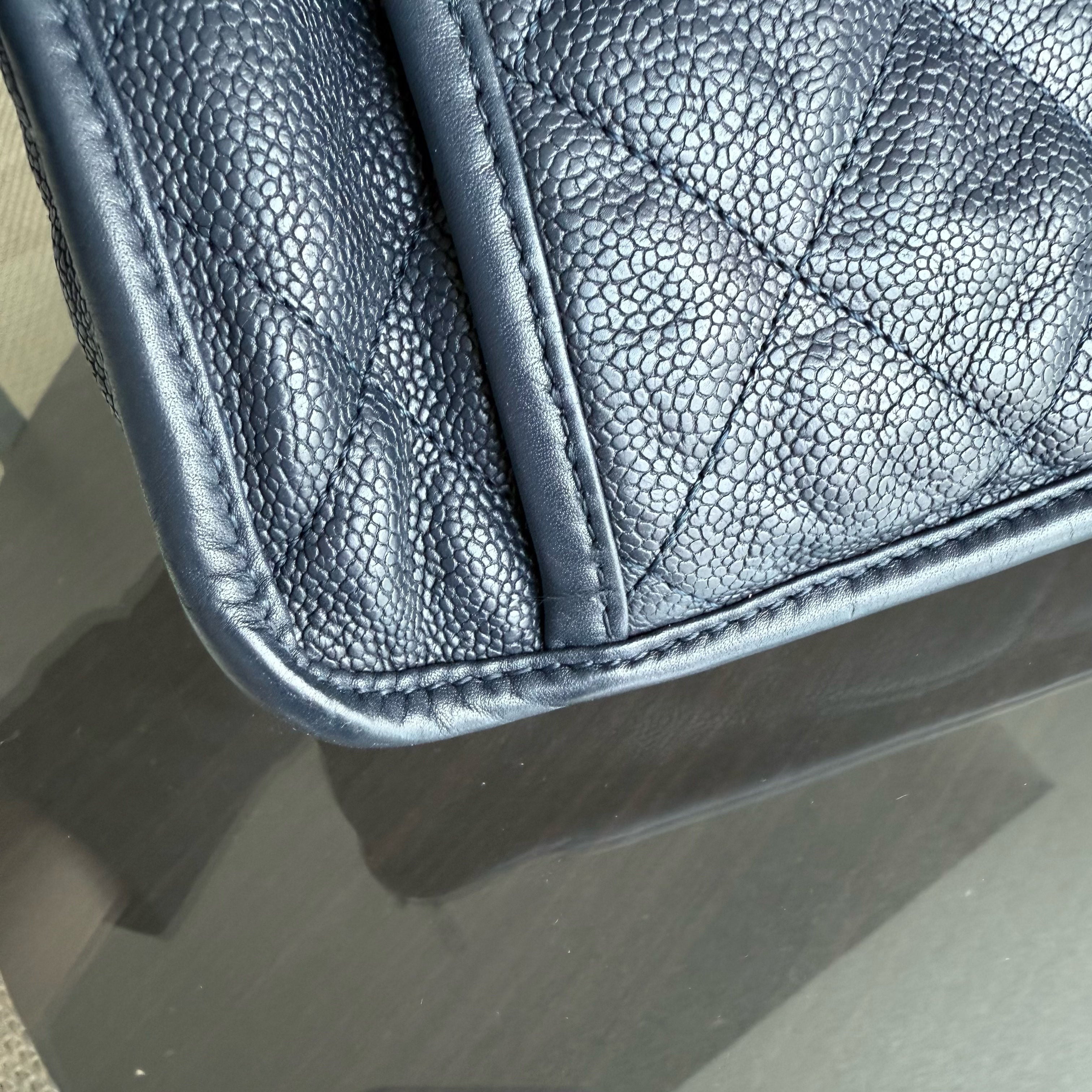 Chanel Seasonal Flap French Riviera Jumbo - Caviar 30CM Quilted Calfskin Dark Blue Silver Hardware Series 19