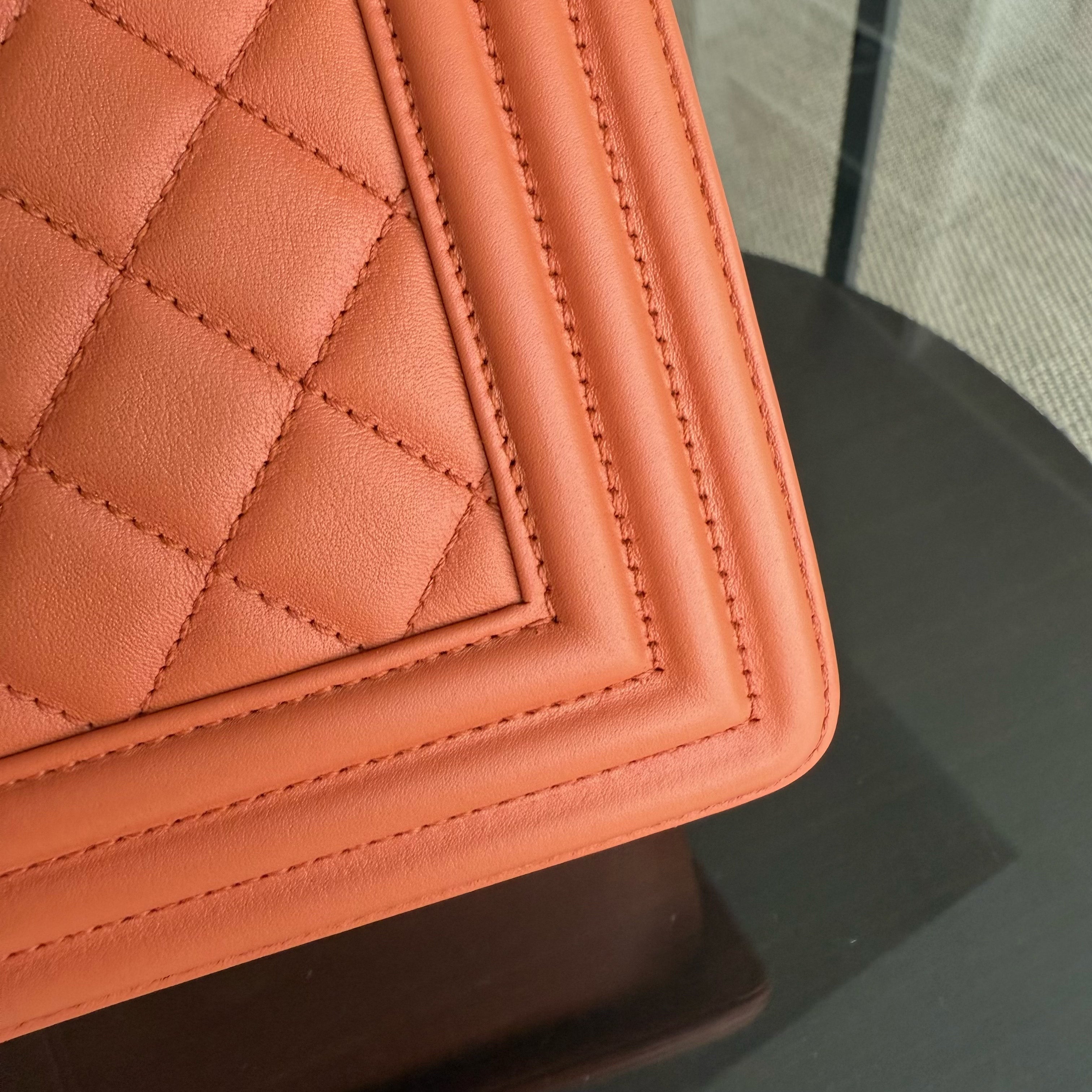 Chanel Boy Medium - 25CM Quilted Clafskin Caramel Aged Gold Hardware Series 20