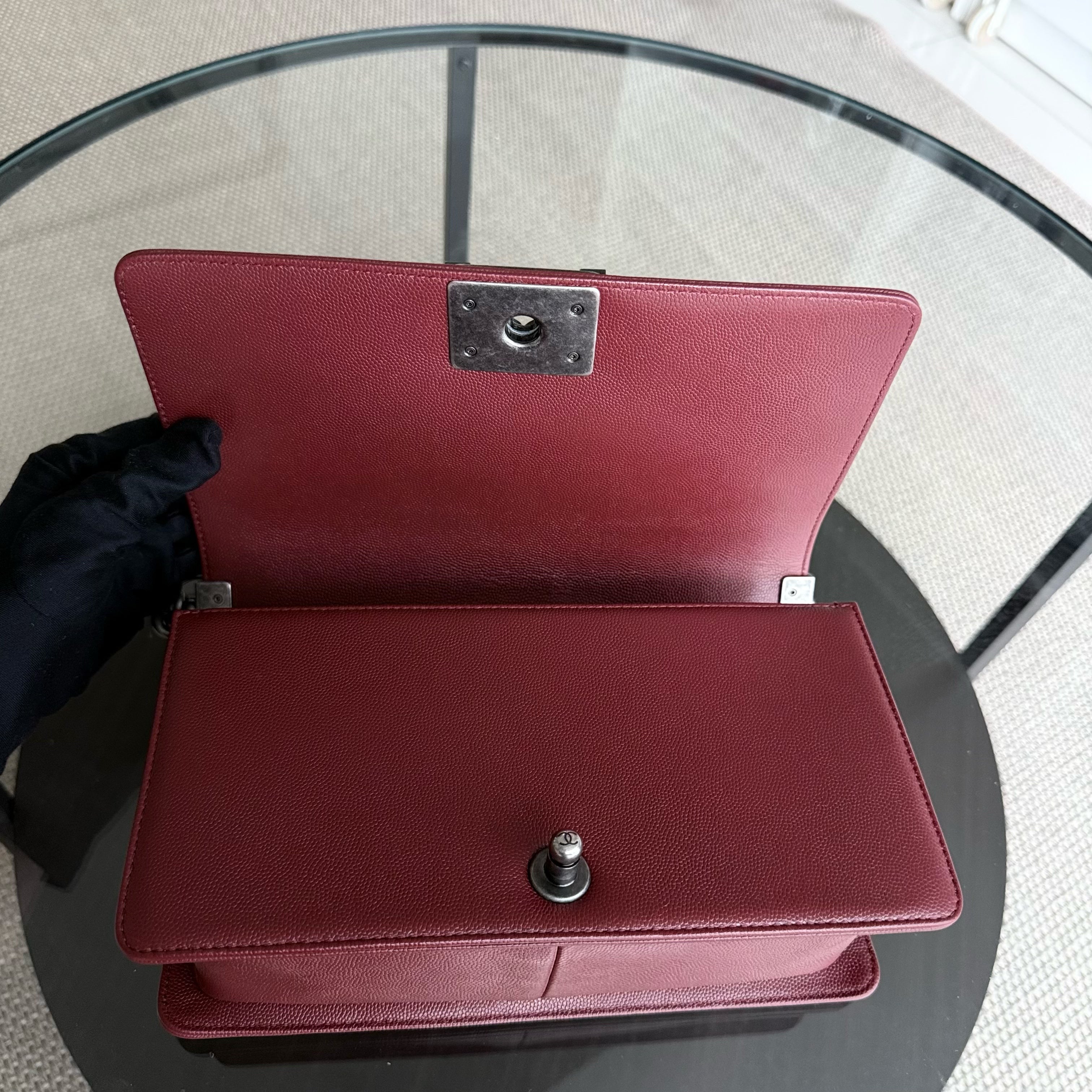 Chanel Boy Medium - Caviar 25CM Chevron Dark Red Burgundy Ruthenium Silver Hardware Series 24