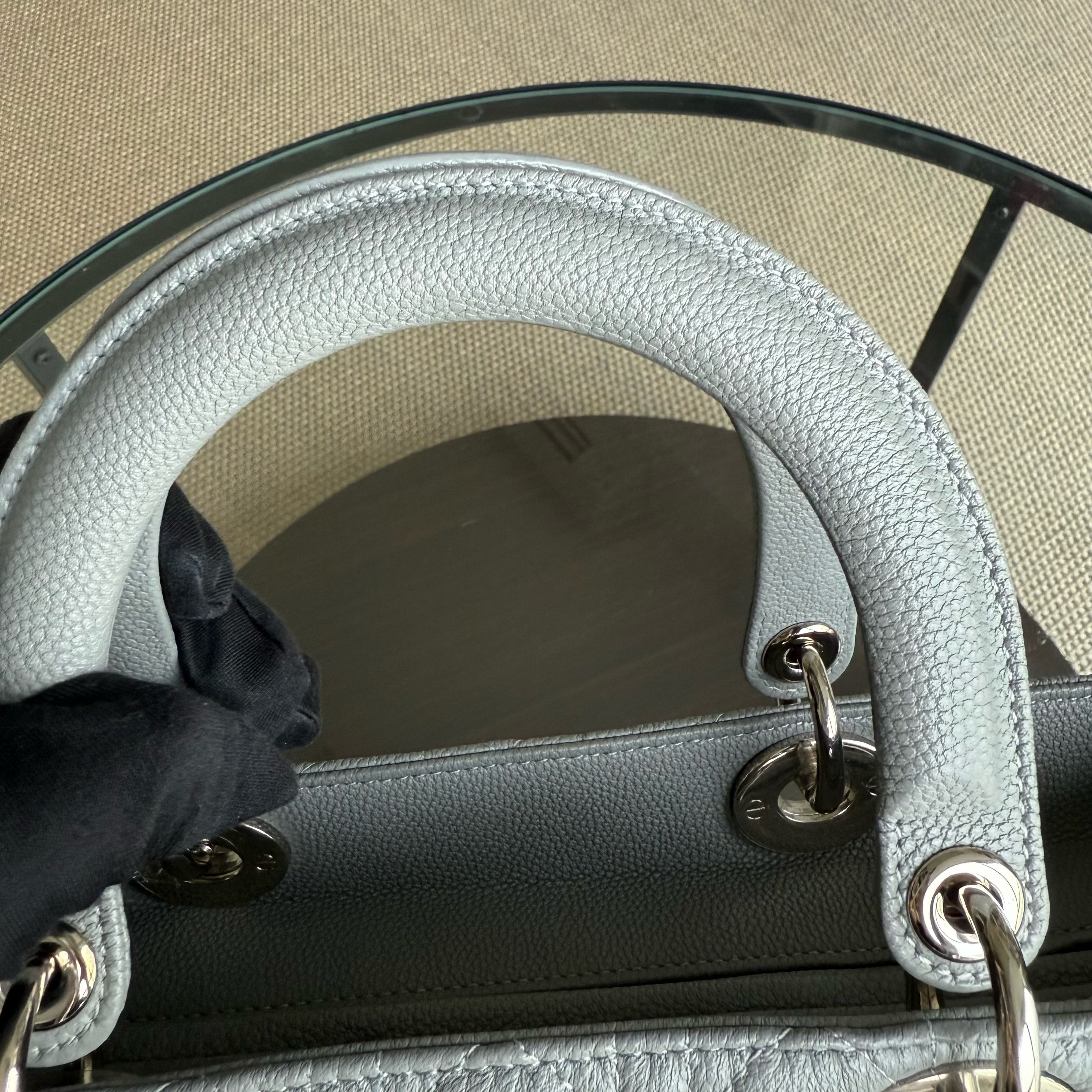 Dior Lady Large - Caviar Cannage Grained Calfskin Grey Gray Silver Hardware