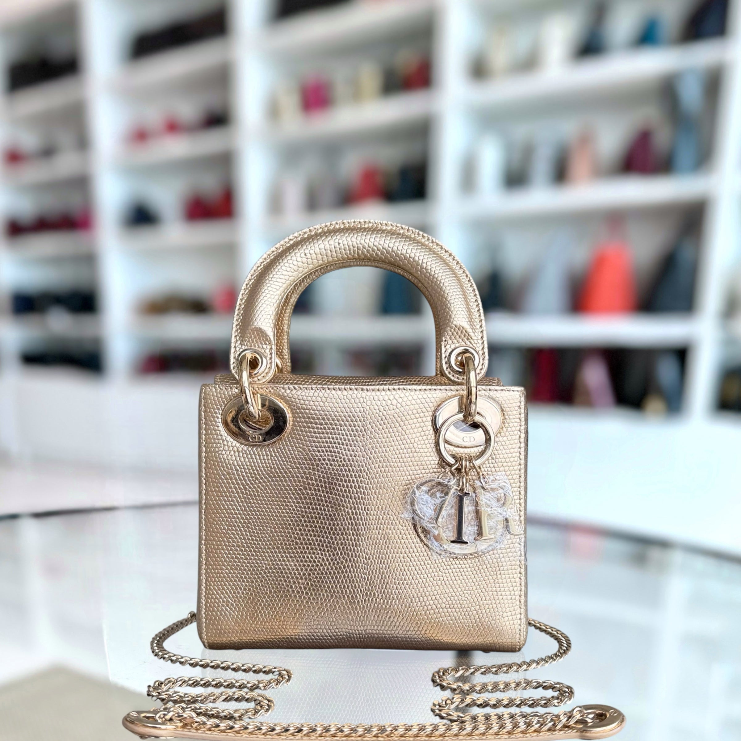 Dior Lady Mini - Exotic Lizard Skin Gold Metallic Gold Hardware Chain Strap