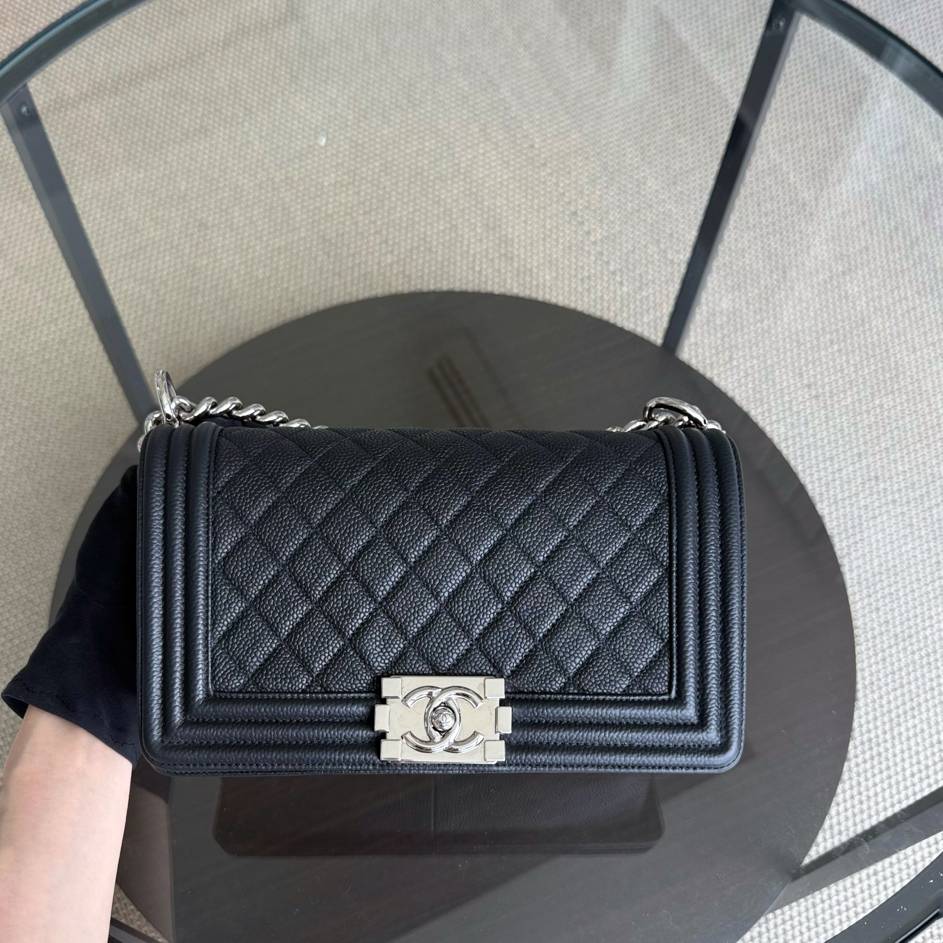 Chanel Boy Medium - Caviar 25CM Quilted Black Silver Hardware Series 17