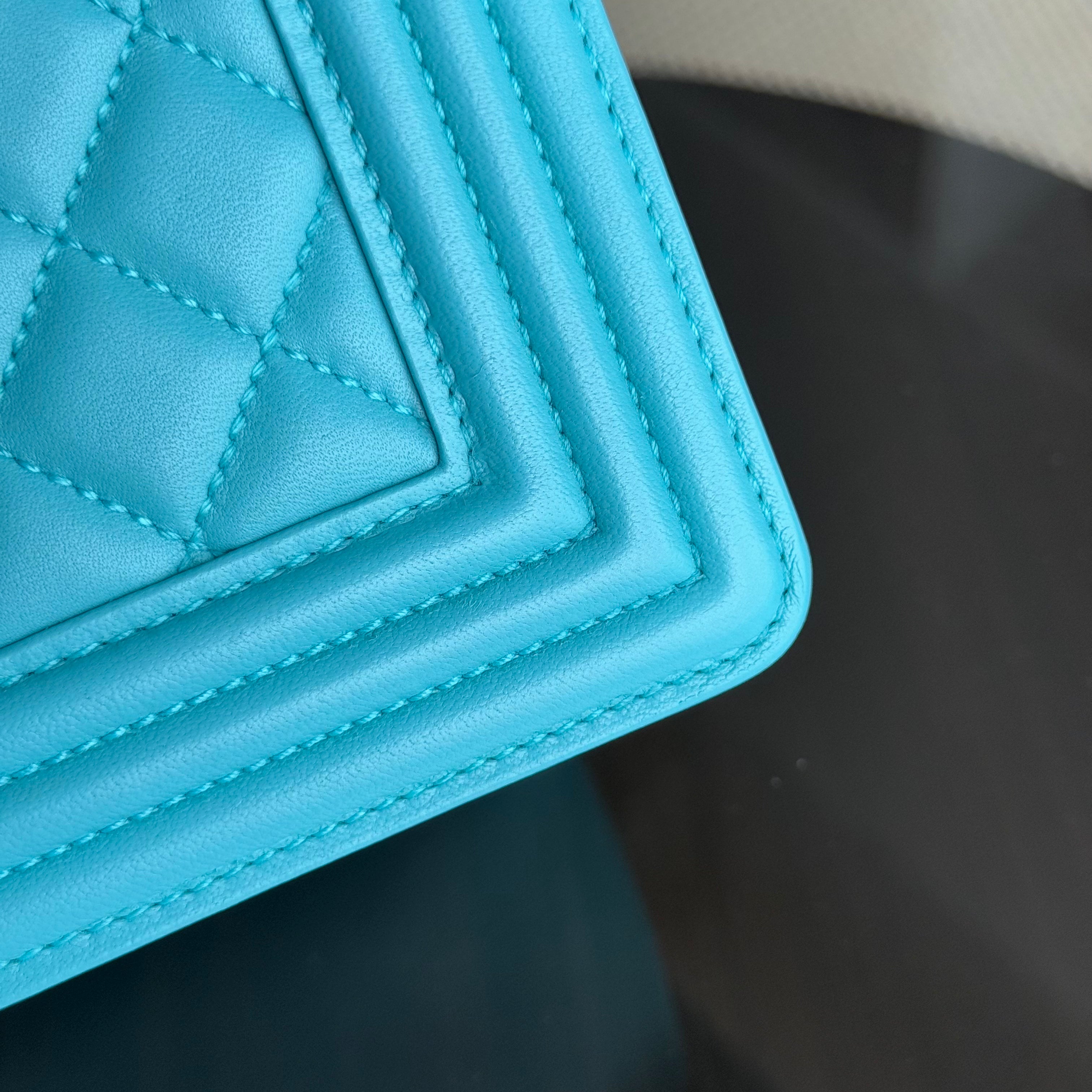 Chanel Boy Medium - 25CM Quilted Lambskin Cyan Blue Ruthenium Silver Hardware Series 19