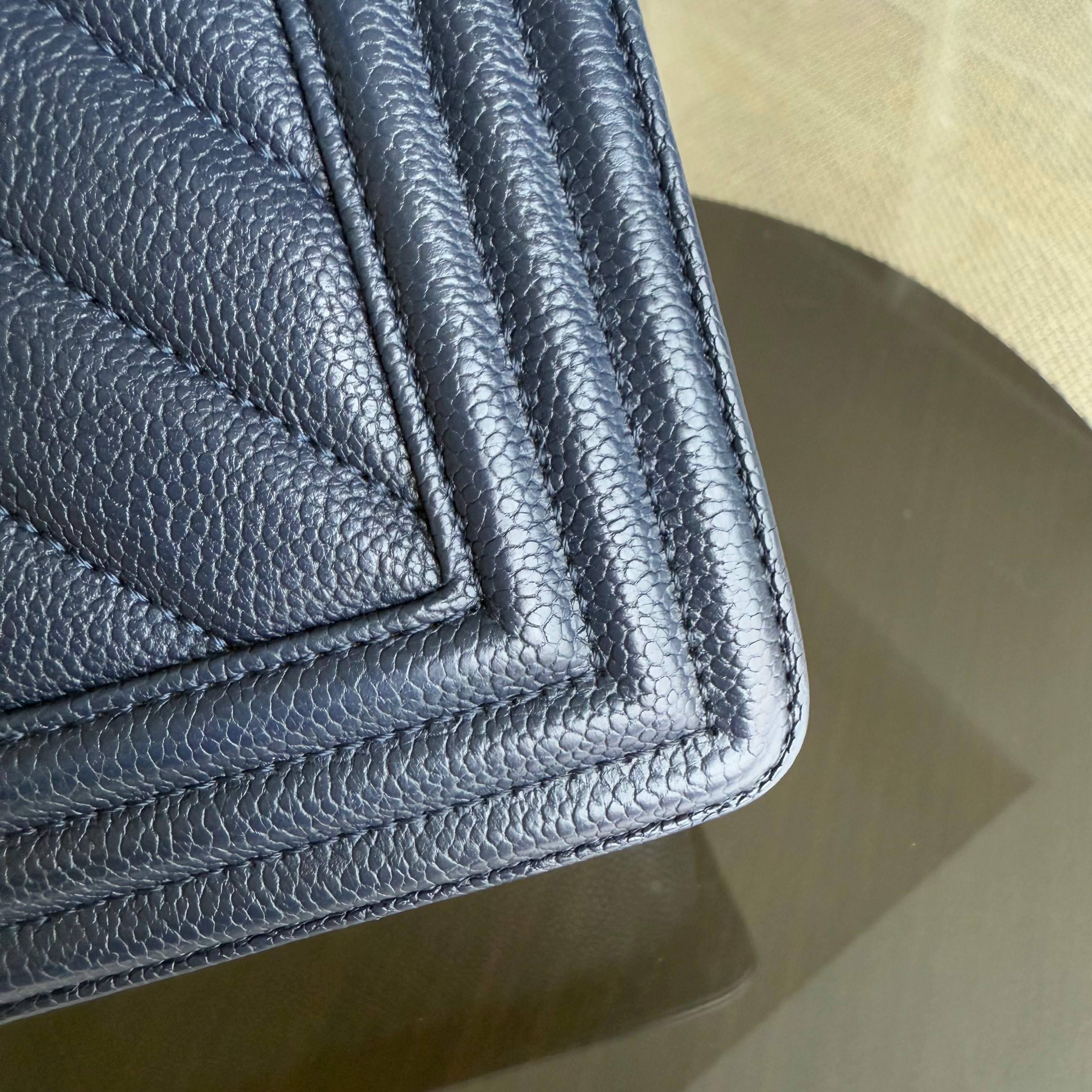 Chanel Boy Medium - Caviar 25CM Chevron Dark Navy Blue Gold Hardware Series 24