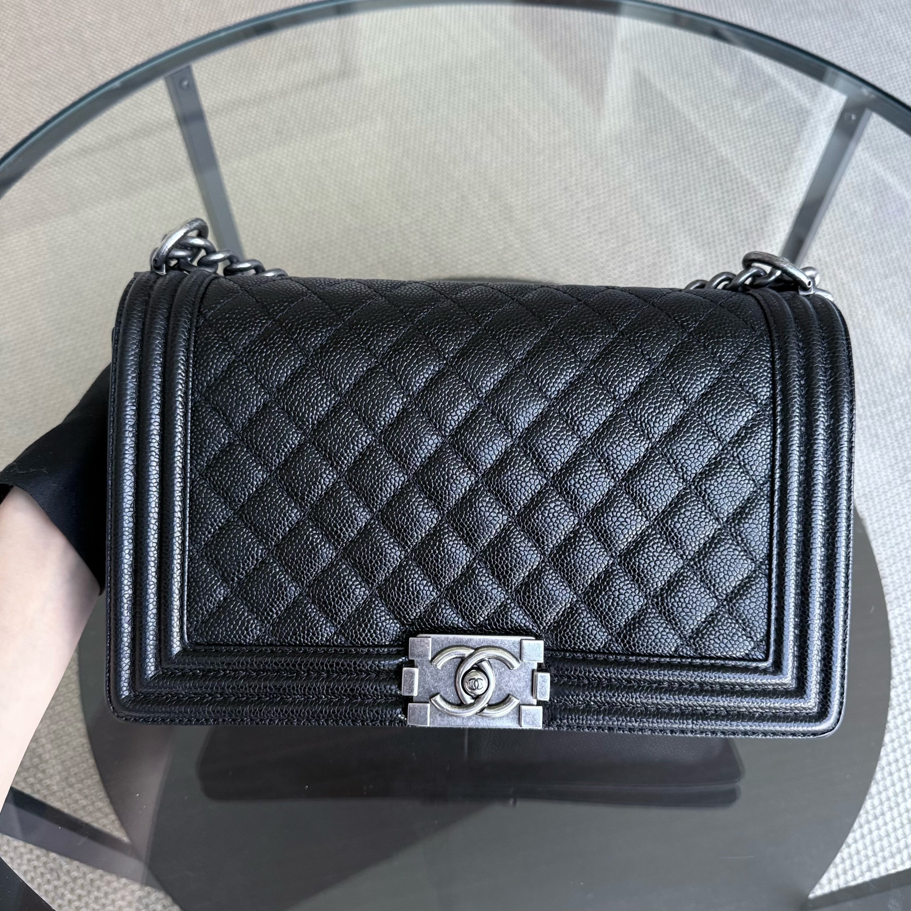 Chanel Boy Medium - Caviar 28CM New Medium Quilted Black Ruthenium Silver Hardware Series 19