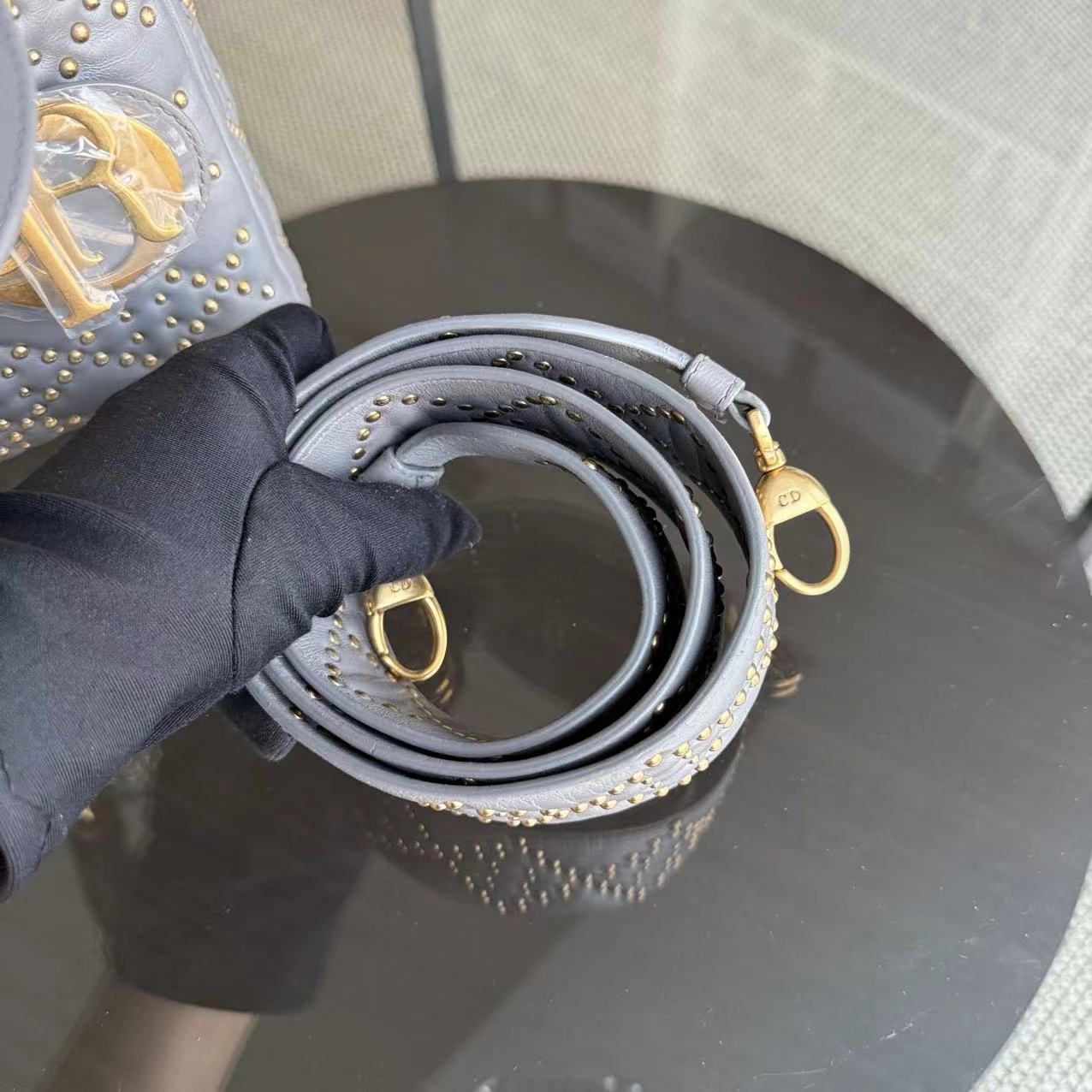 Dior Small Lady Shoulder Bag - Studded Cannage Grey Gray Golden Hardware