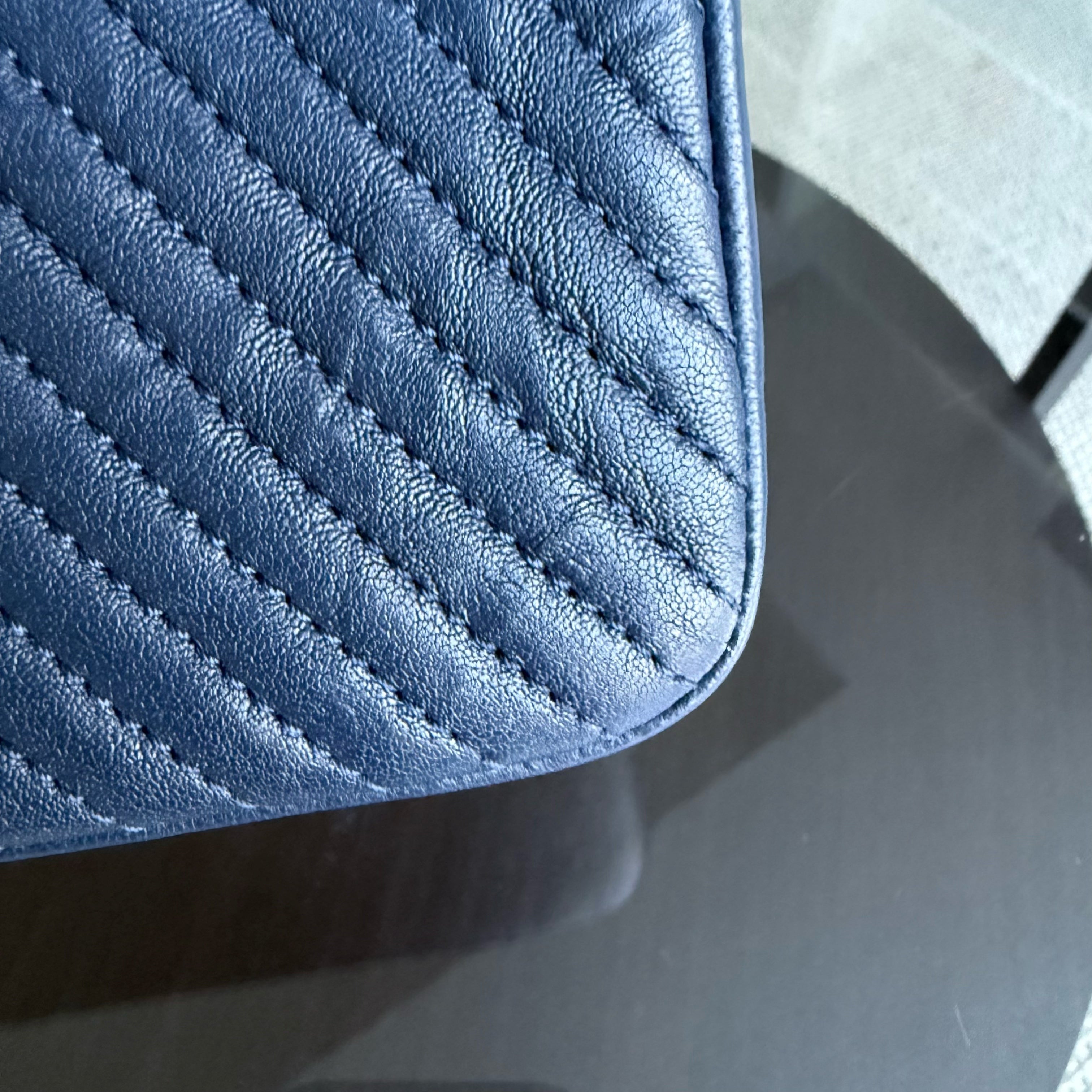 Chanel Seasonal Flap Medium - 25CM Surpique CC Herringbone Medallion Flap Chevron Dark Navy Blue Gold Hardware Series 22