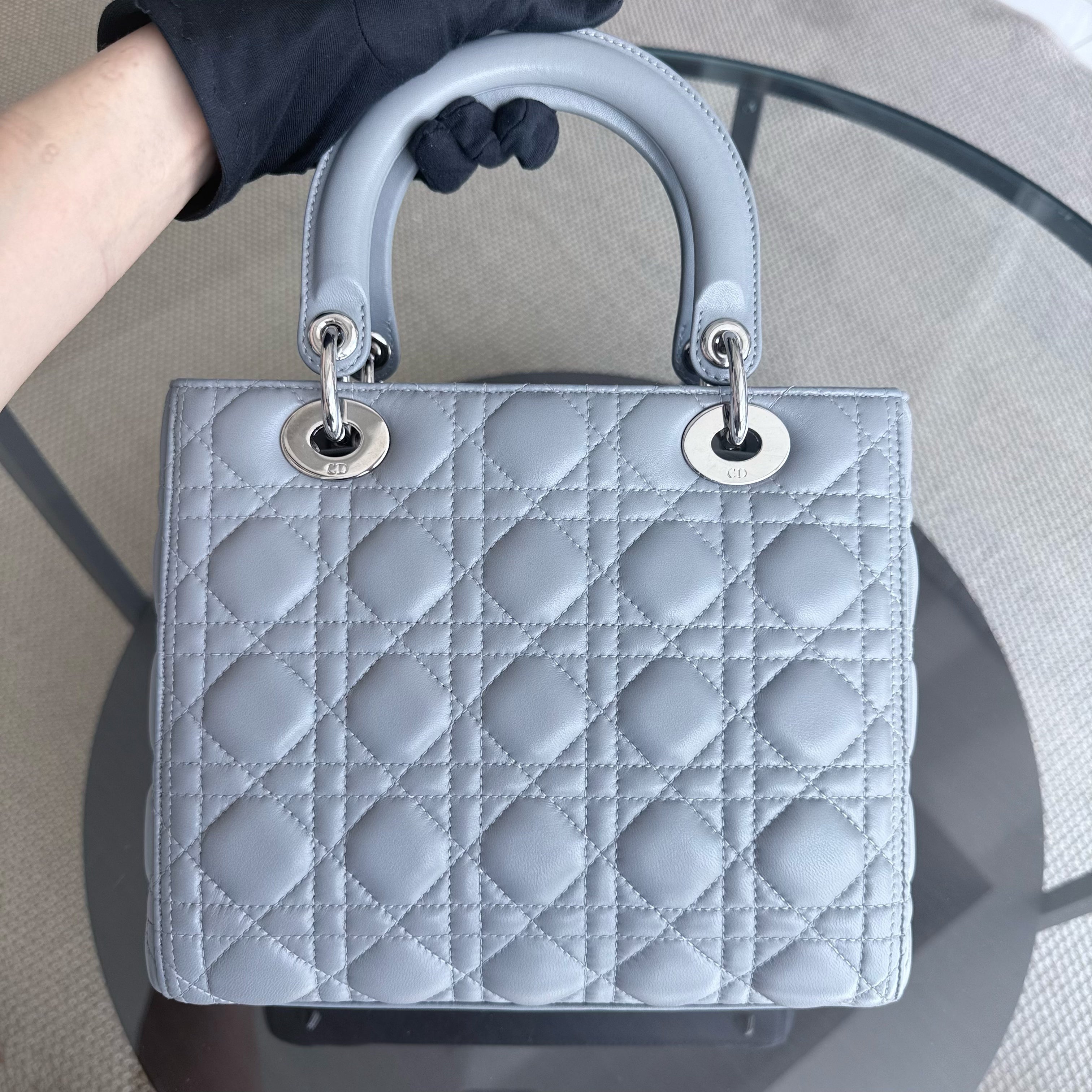 Dior Lady Medium - Cannage Lambskin Grey Gray Silver Hardware