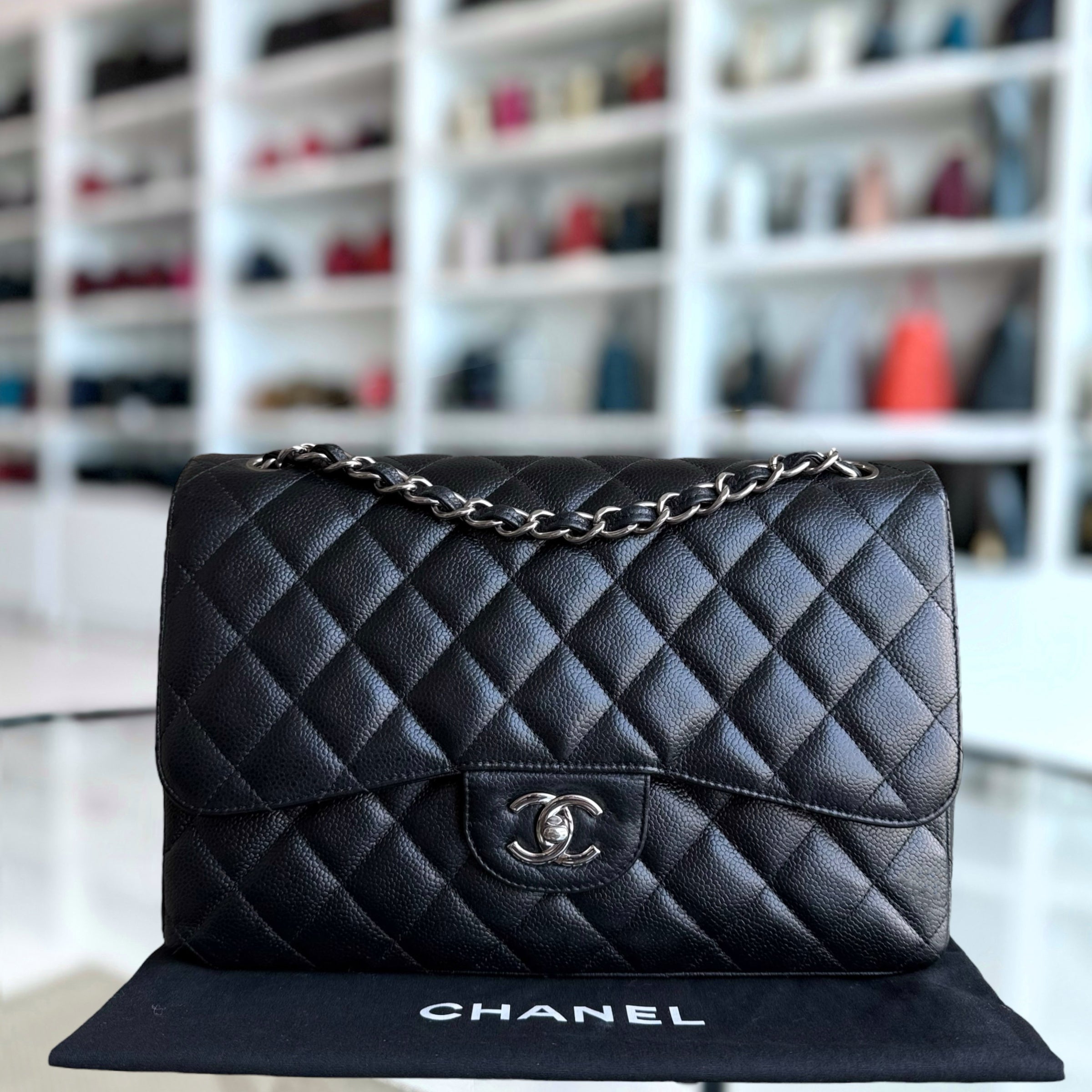 Chanel Classic Flap Jumbo - Caviar 30CM Double Flap Quilted Black Silver Hardware Series 18
