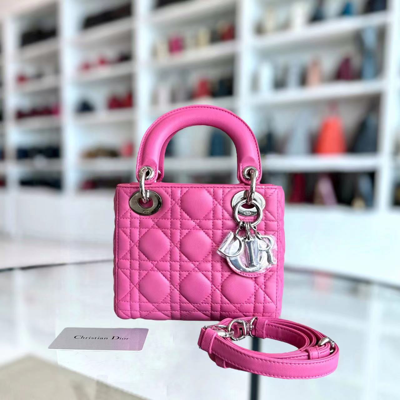 *Adjustable Strap* Dior Lady Mini Cannage Lambskin Barbie Pink Silver Hardware - Luxury Evermore