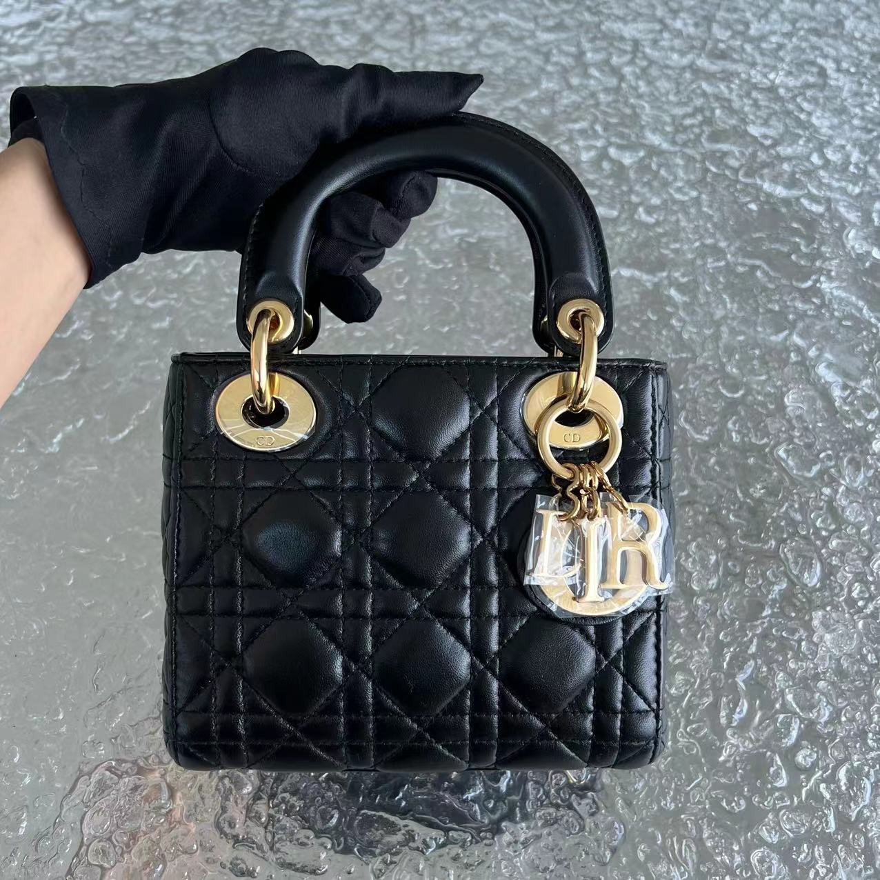 *Adjustable Strap* Dior Lady Mini Cannage Lambskin Black Golden Hardware - Luxury Evermore
