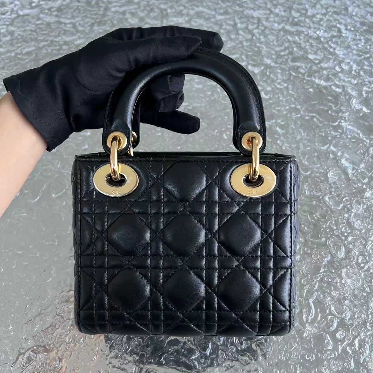 *Adjustable Strap* Dior Lady Mini Cannage Lambskin Black Golden Hardware - Luxury Evermore