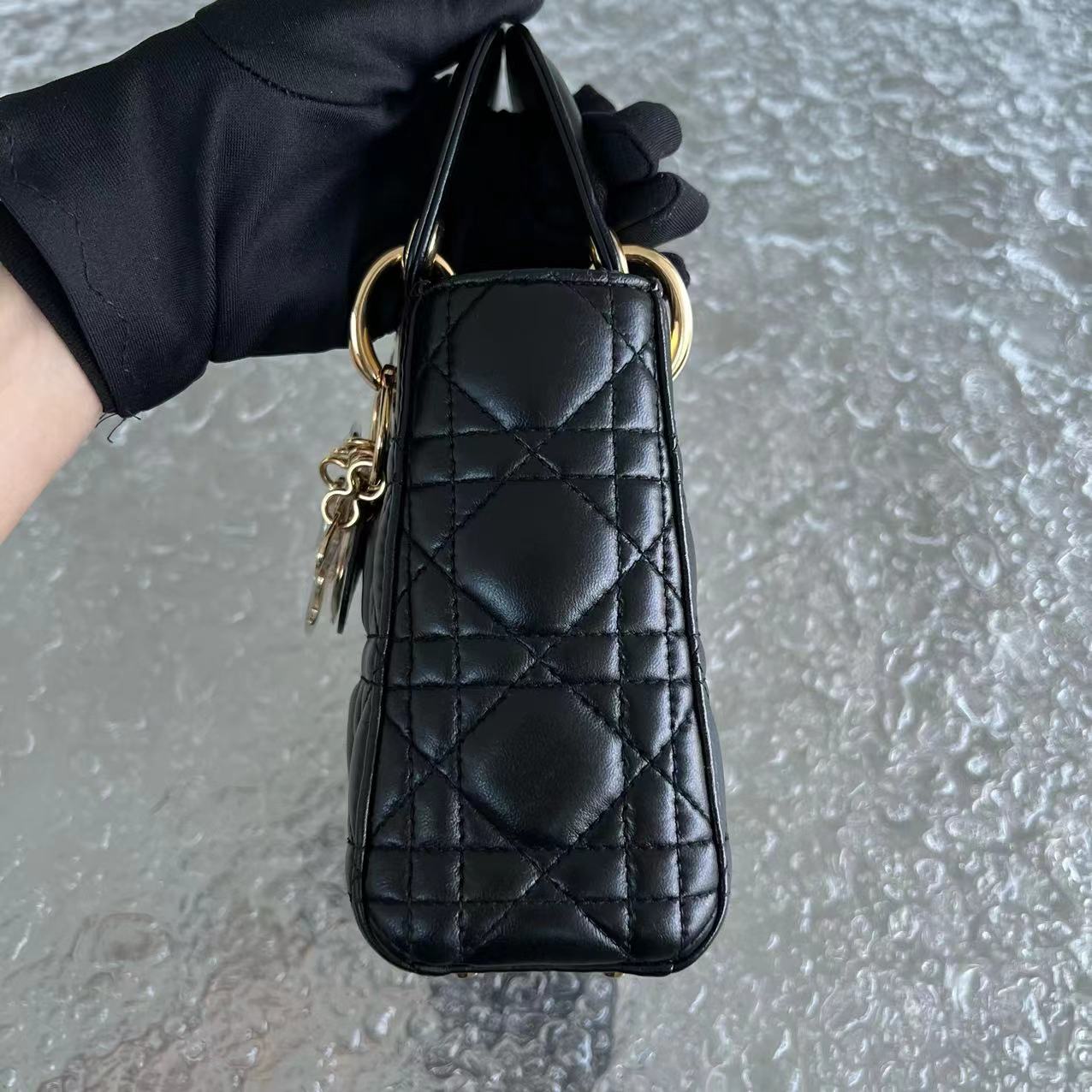 *Adjustable Strap* Dior Lady Mini Cannage Lambskin Black Golden Hardware - Luxury Evermore