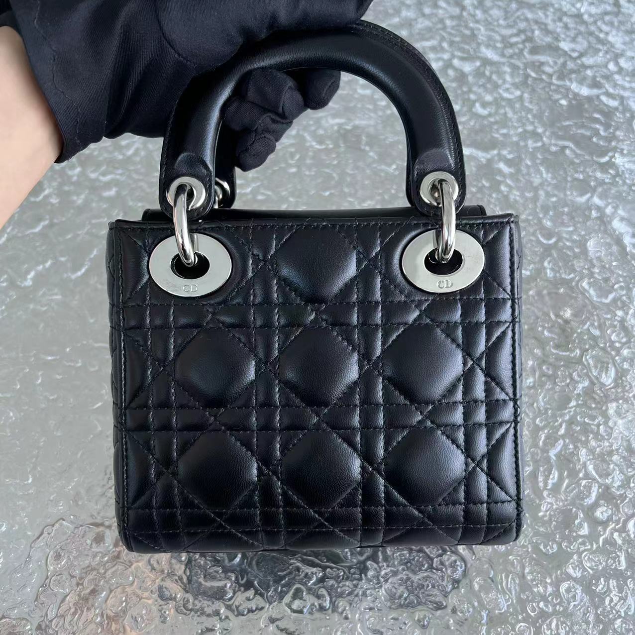 *Adjustable Strap* Dior Lady Mini Cannage Lambskin Black Silver Hardware - Luxury Evermore