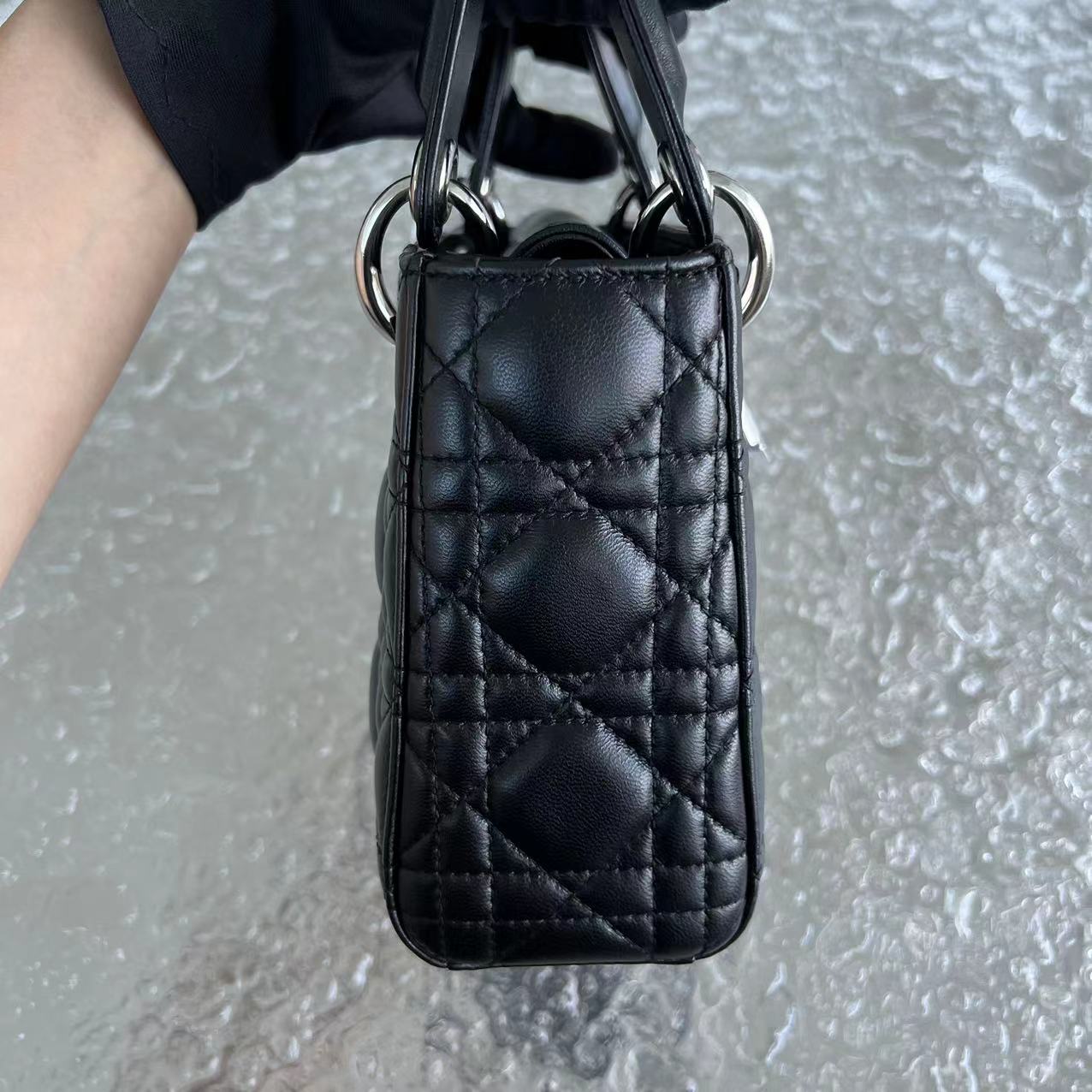 *Adjustable Strap* Dior Lady Mini Cannage Lambskin Black Silver Hardware - Luxury Evermore