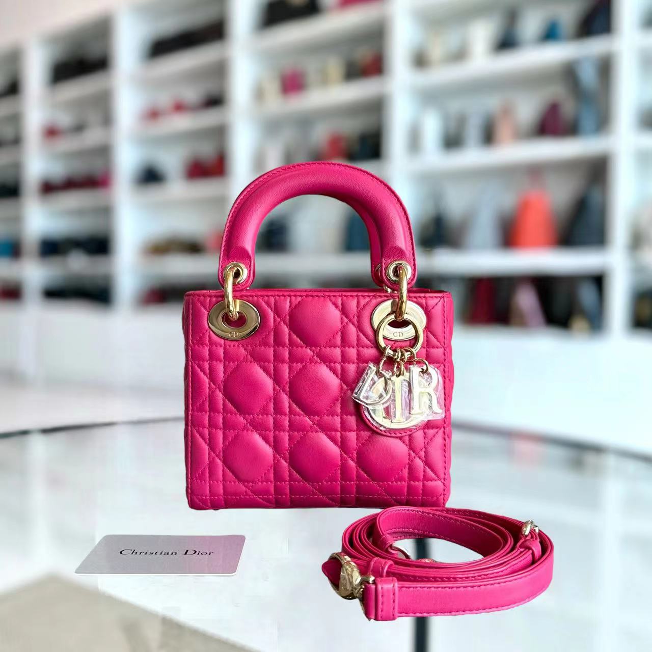 *Adjustable Strap* Dior Lady Mini Cannage Lambskin Hot Pink Golden Hardware - Luxury Evermore