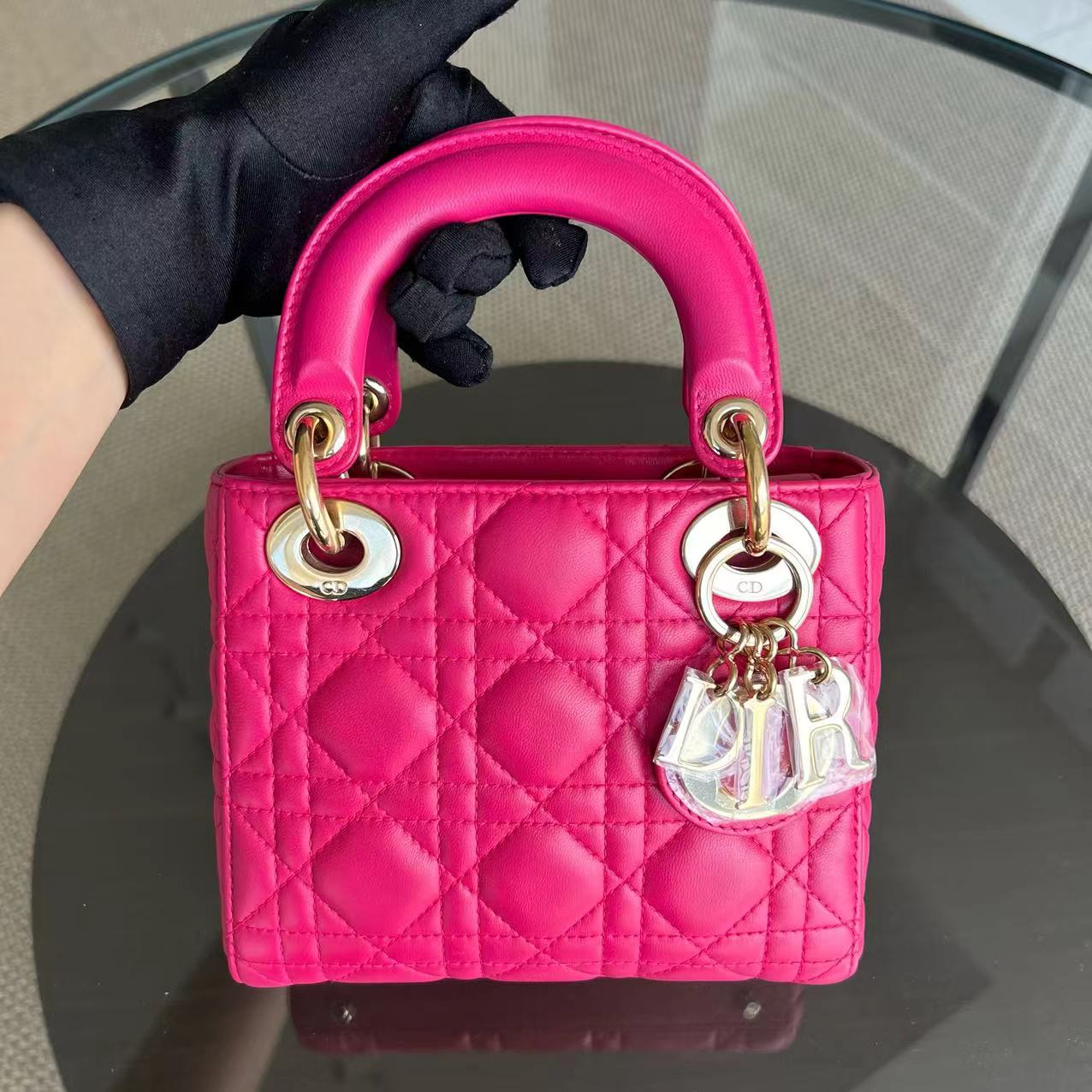 *Adjustable Strap* Dior Lady Mini Cannage Lambskin Hot Pink Golden Hardware - Luxury Evermore