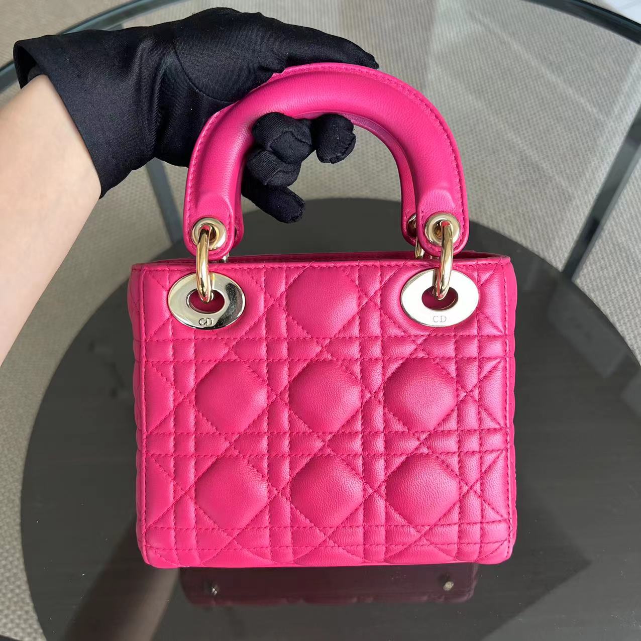 *Adjustable Strap* Dior Lady Mini Cannage Lambskin Hot Pink Golden Hardware - Luxury Evermore