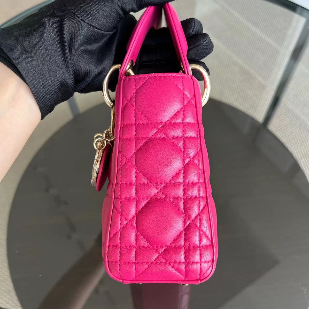 *Adjustable Strap* Dior Lady Mini Cannage Lambskin Hot Pink Golden Hardware - Luxury Evermore