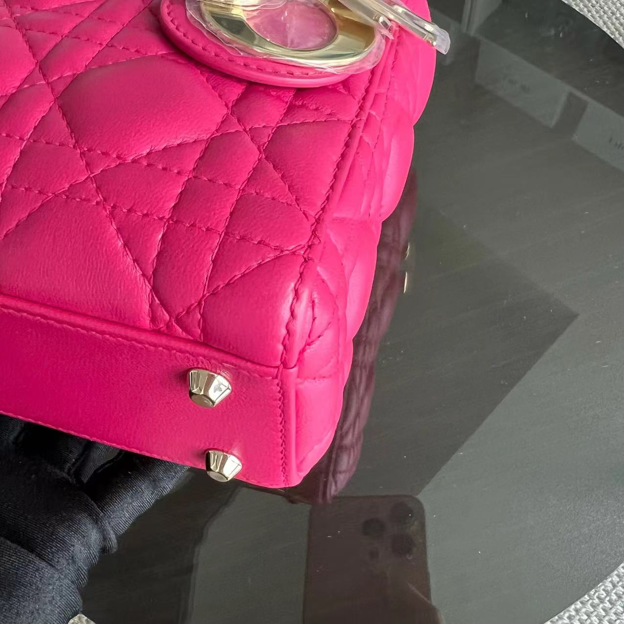*Adjustable Strap* Dior Lady Mini Cannage Lambskin Hot Pink Golden Hardware - Luxury Evermore