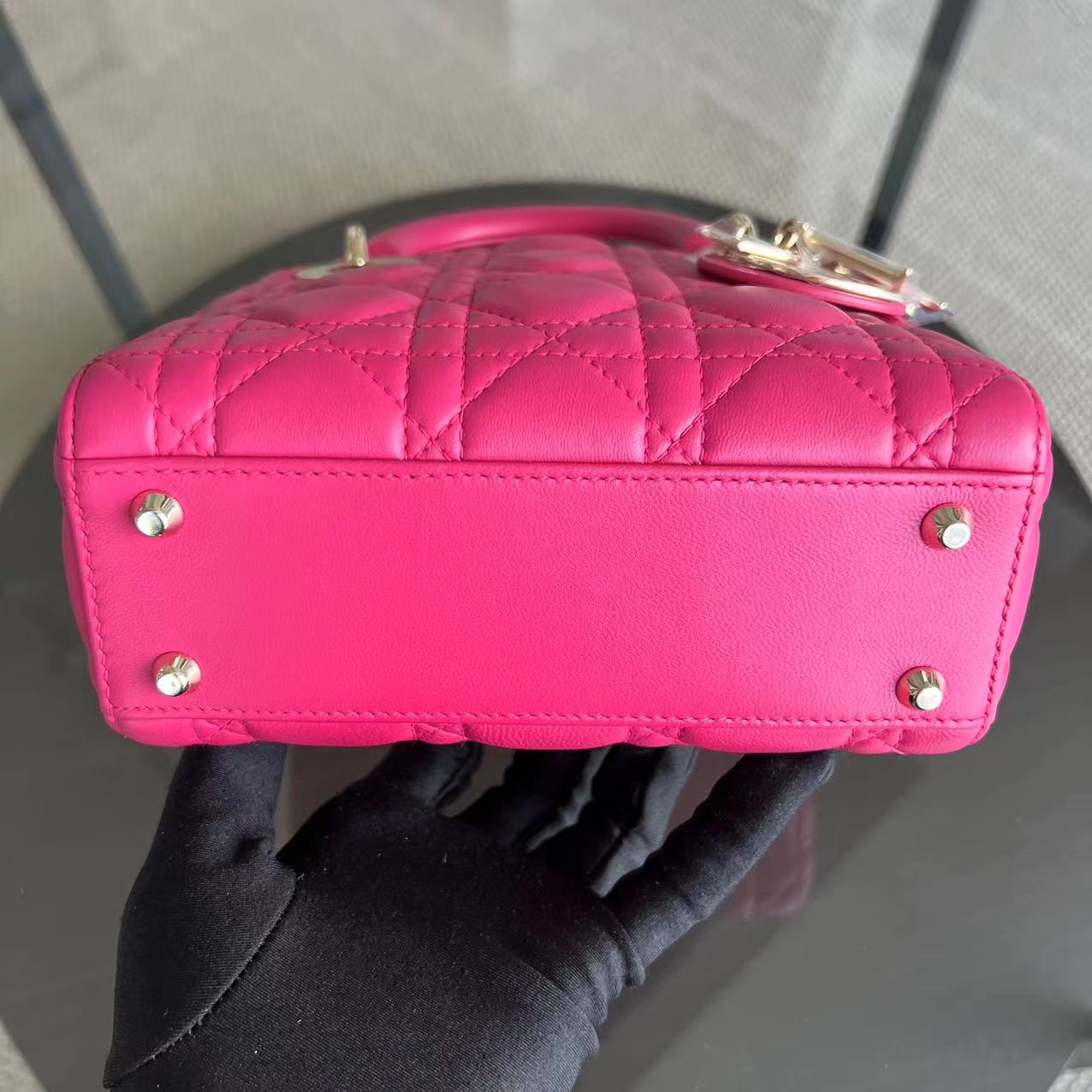 *Adjustable Strap* Dior Lady Mini Cannage Lambskin Hot Pink Golden Hardware - Luxury Evermore