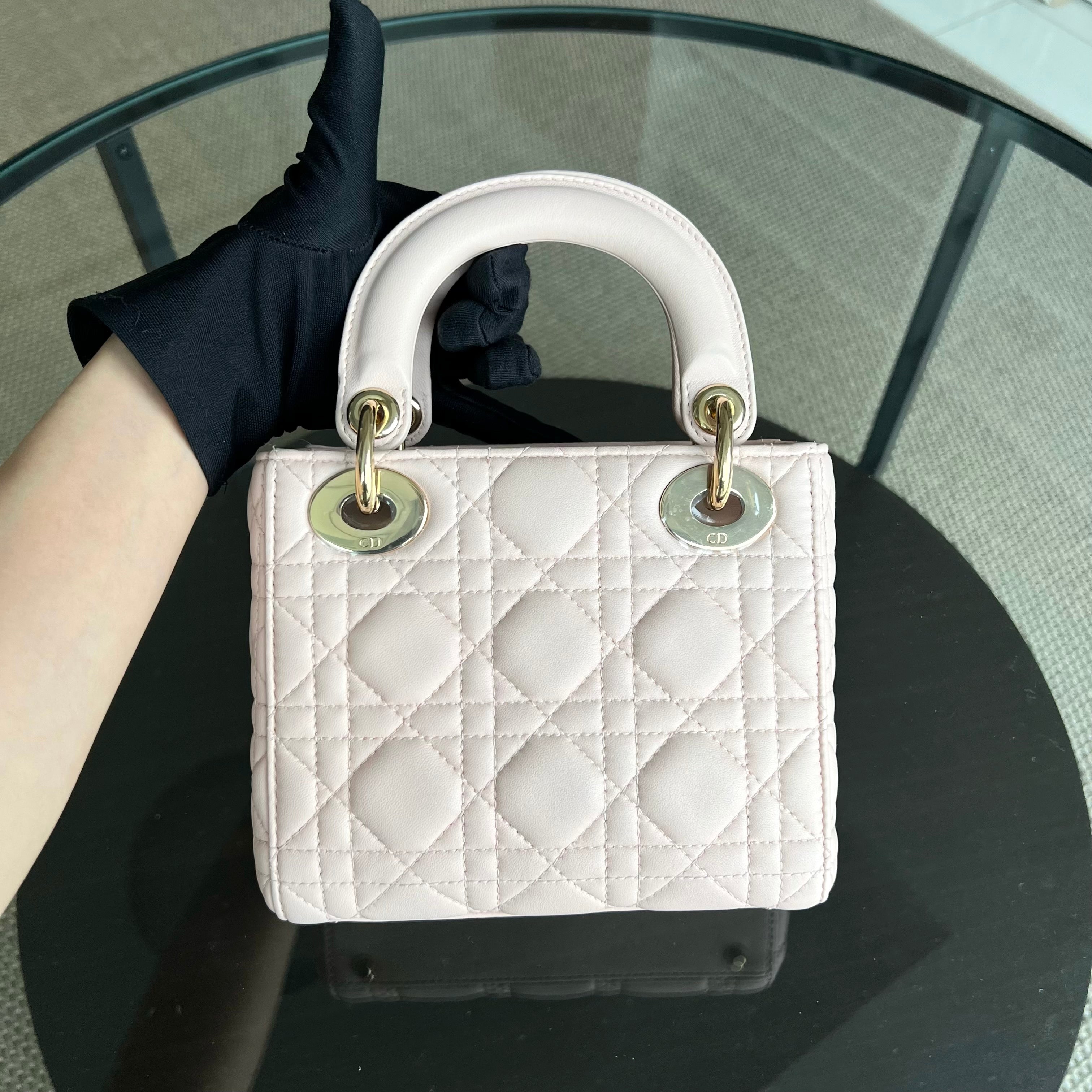 *Adjustable Strap* Dior Lady Mini Cannage Lambskin Light Pink Nude Golden Hardware - Luxury Evermore
