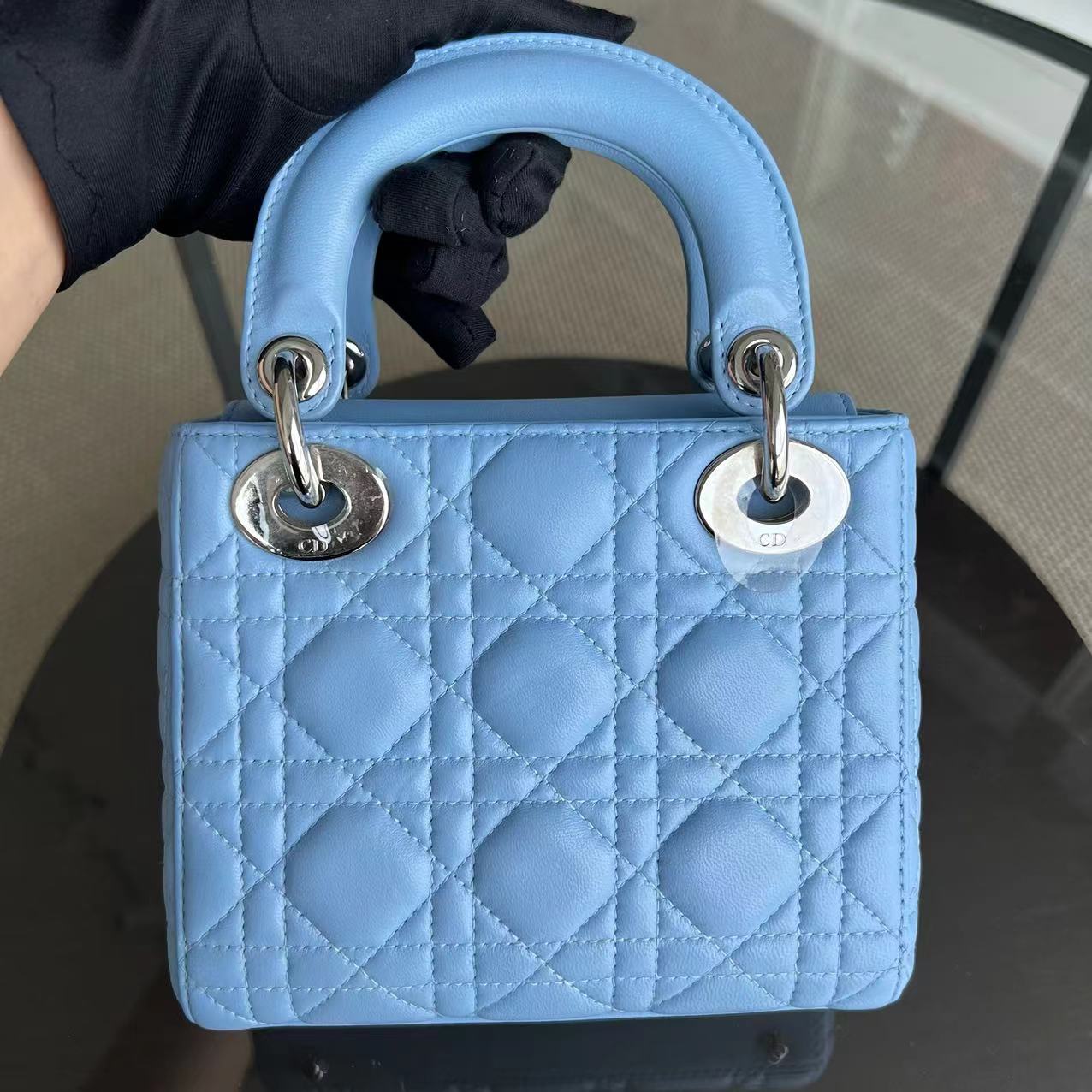 *Adjustable Strap* Dior Lady Mini Cannage Lambskin Sky Blue Silver Hardware - Luxury Evermore