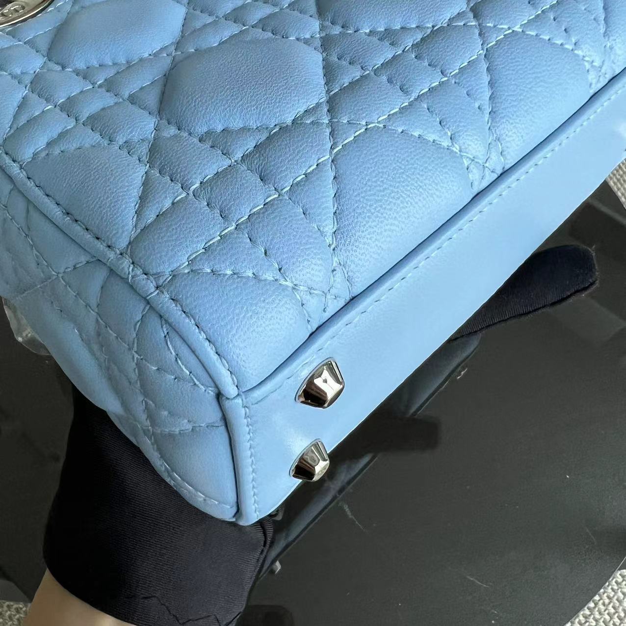 *Adjustable Strap* Dior Lady Mini Cannage Lambskin Sky Blue Silver Hardware - Luxury Evermore