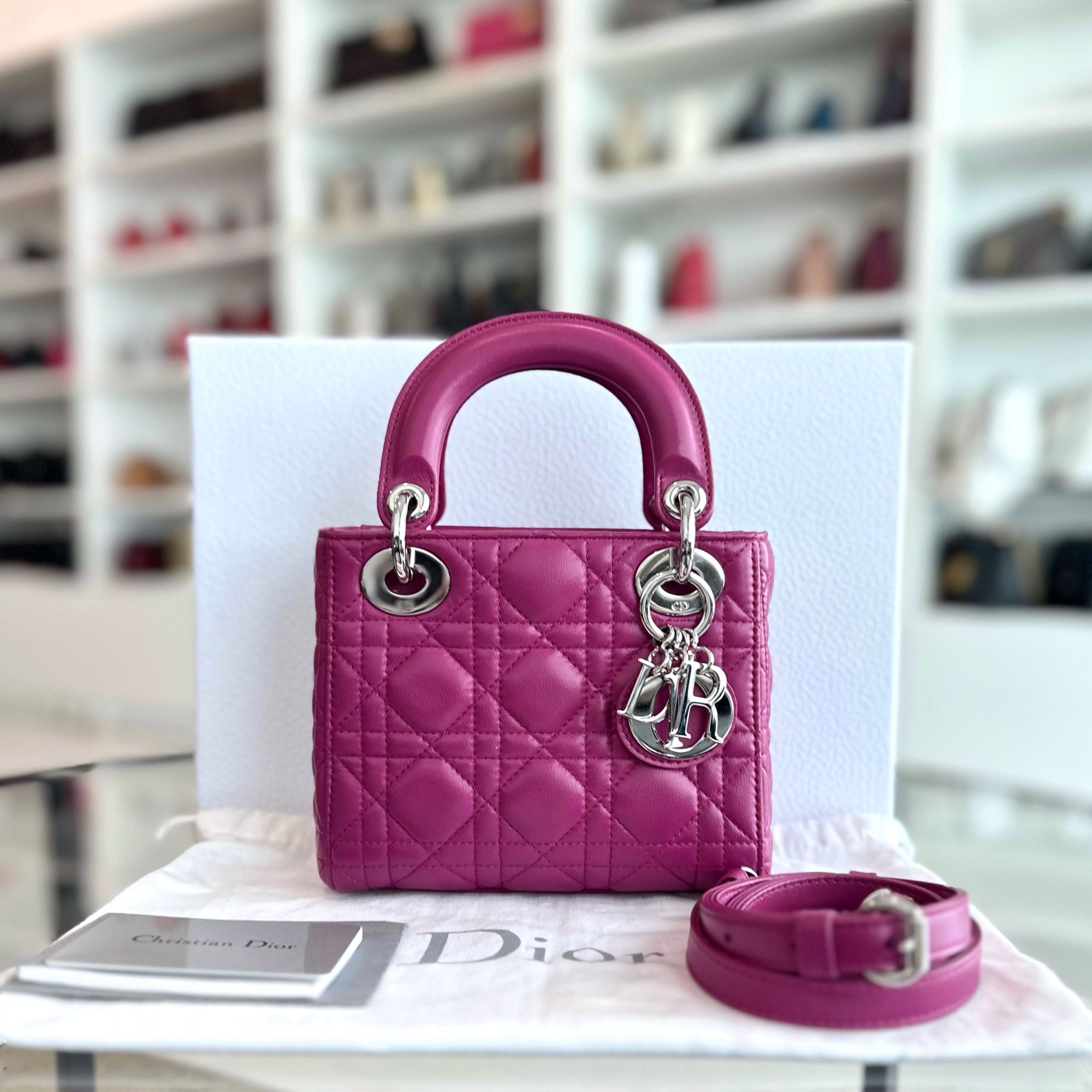 *Adjustable strap* Dior Lady Mini Lambskin Flap Cannage Purple SHW - Luxury Evermore