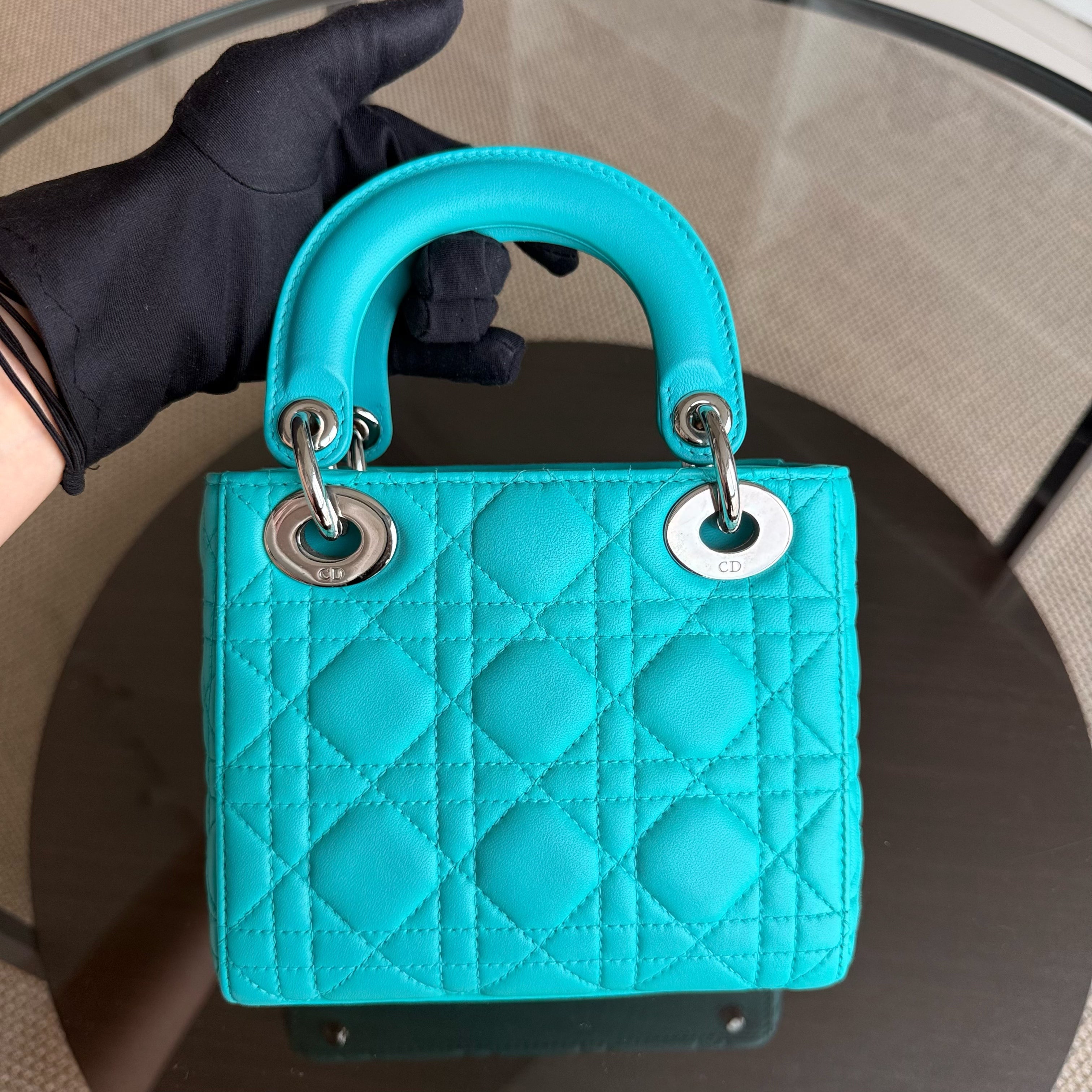 Dior Lady Mini - Cannage Lambskin Cyan Blue Silver Hardware Adjustable Strap