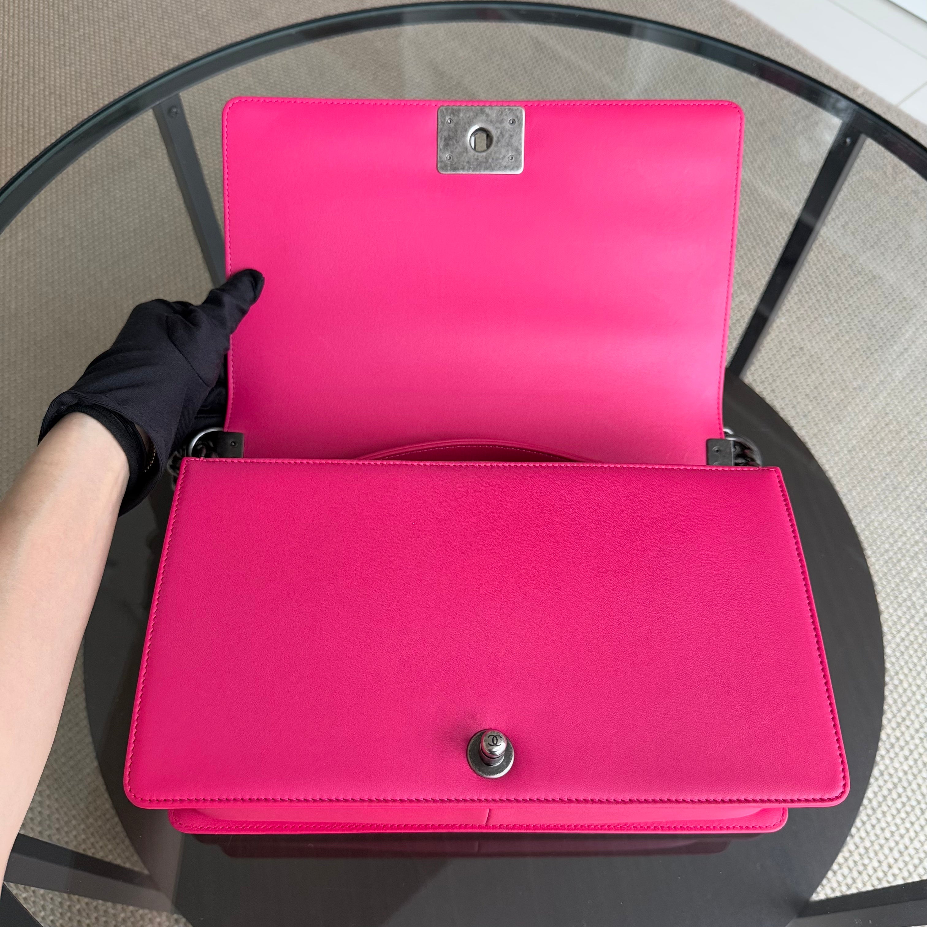 Chanel Boy Medium - 28CM Quilted Lambskin Hot Pink Ruthenium Silver Hardware Series 19