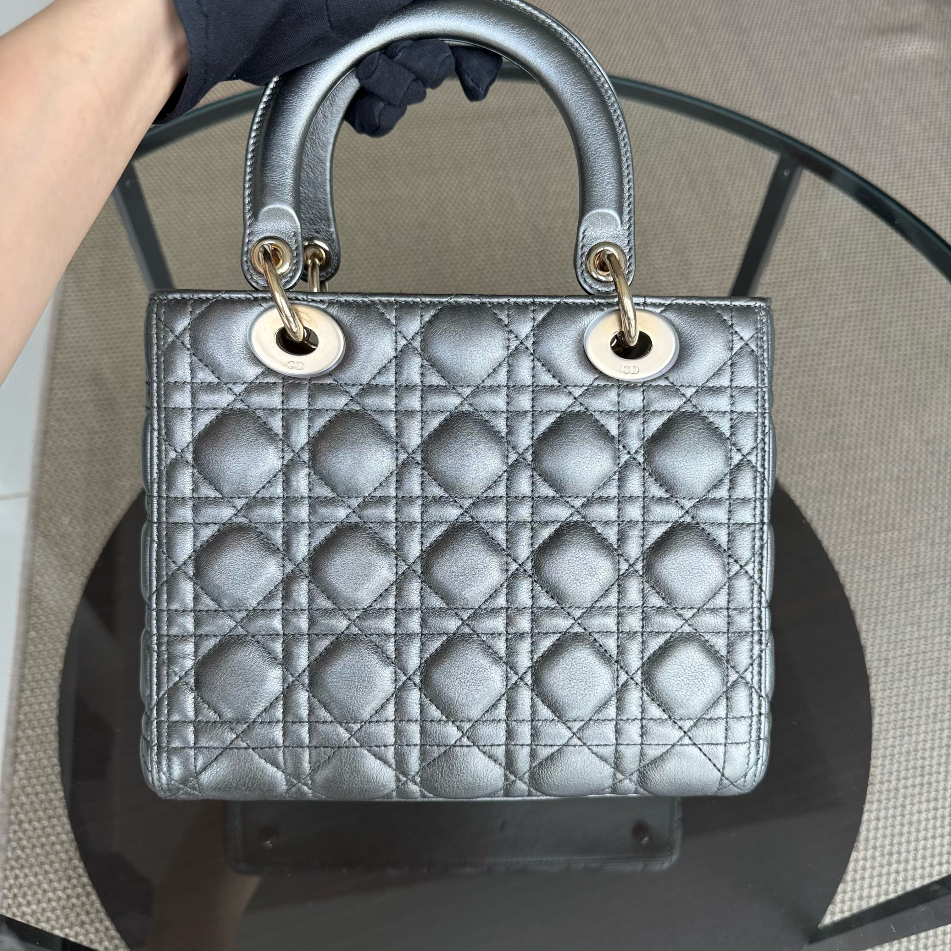 Dior Lady Medium - Cannage Calfskin Metallic Silver Gunmetal Gold Hardware Adjustable Strap