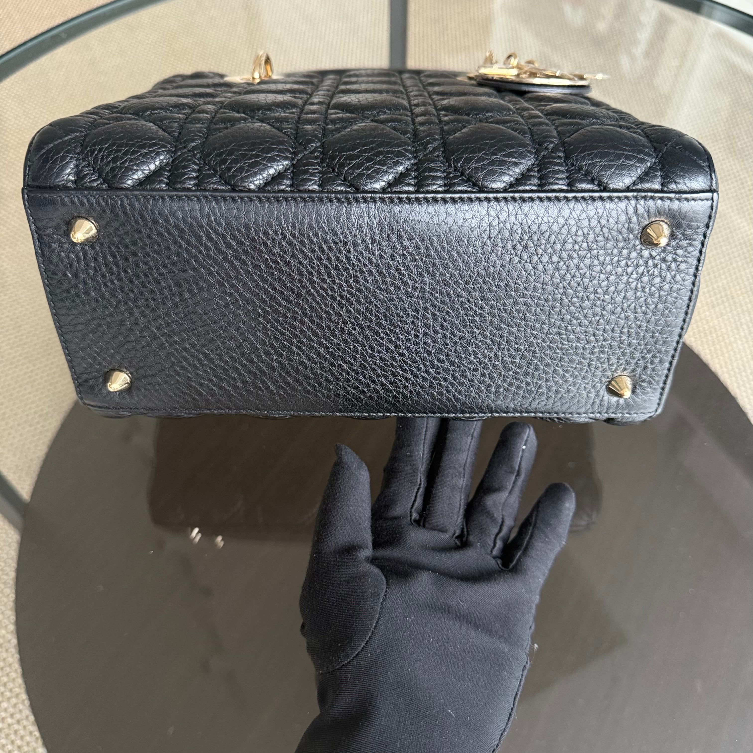 *No Strap* Dior Lady Flap Medium - Grained Calfskin Cannage Flap Open Black Gold Hardware