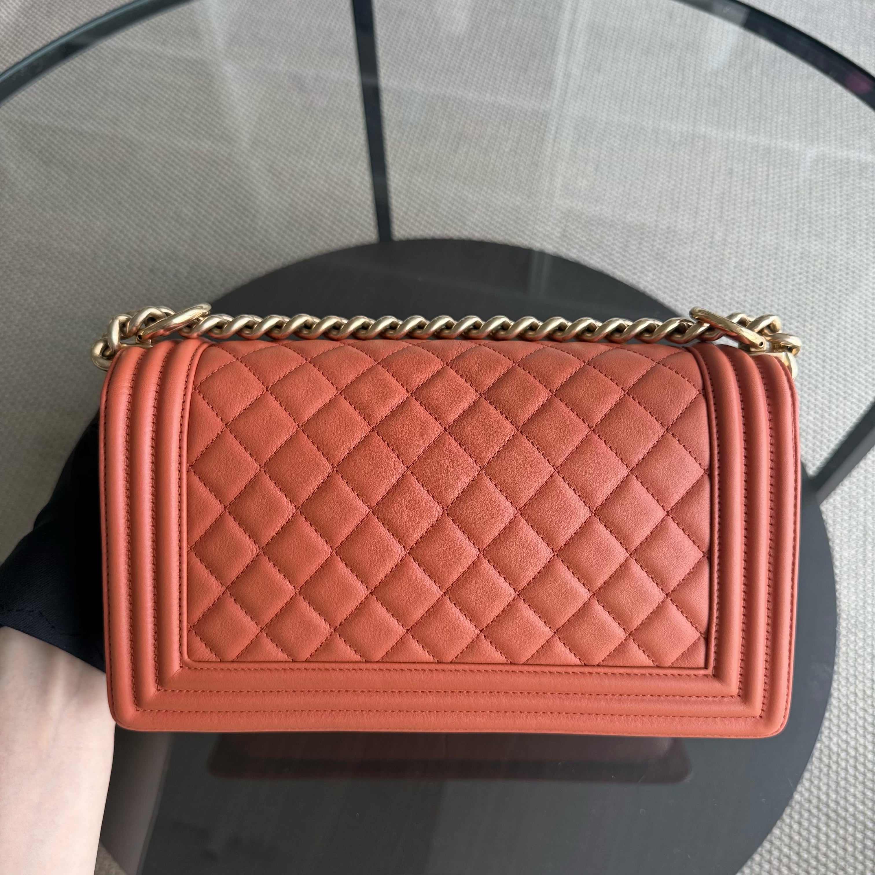 Chanel Boy Medium - 25CM Quilted Clafskin Caramel Aged Gold Hardware Series 20