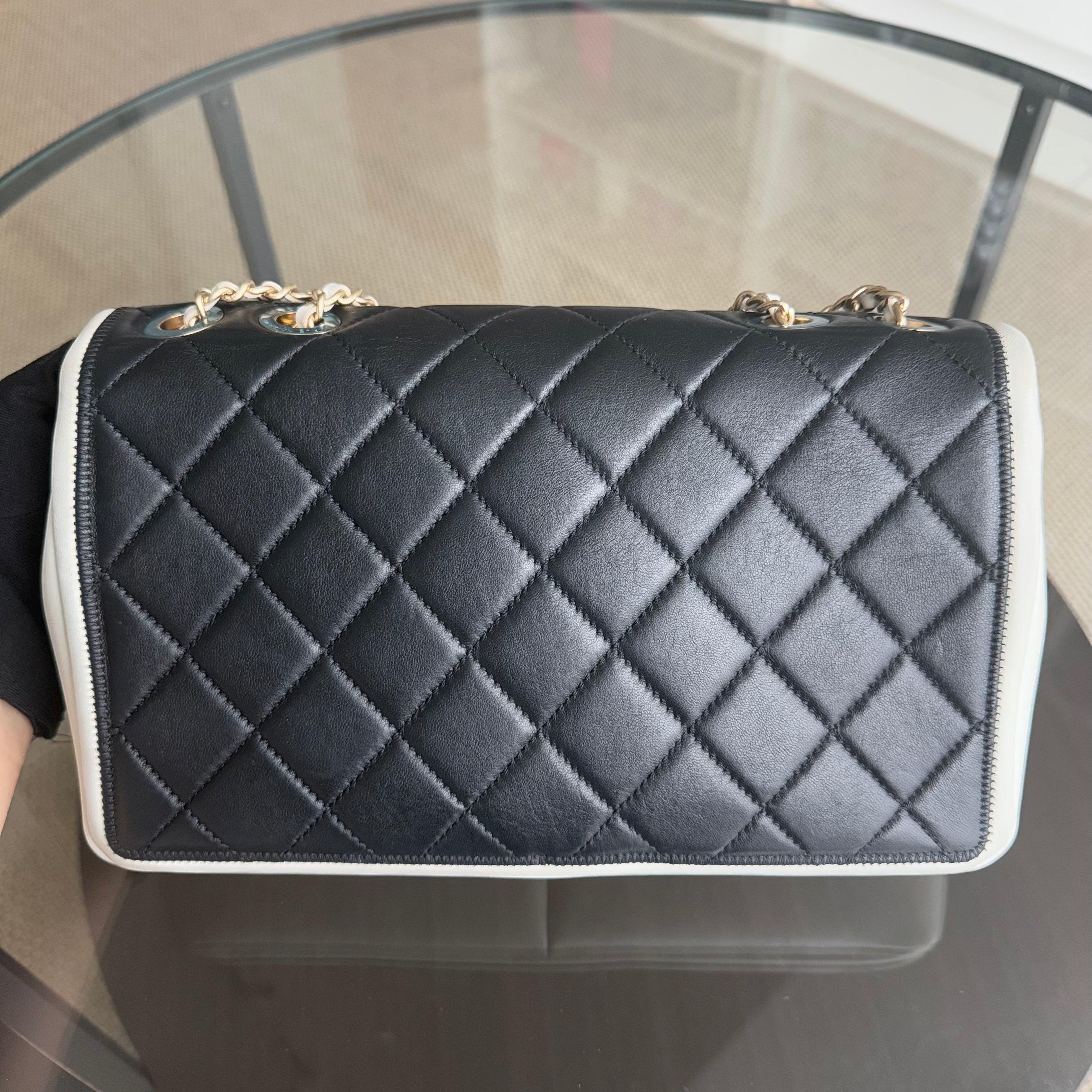 Chanel Seasonal Flap - Medium Graphic Quilted Lambskin Black White Gold Hardware Series 20