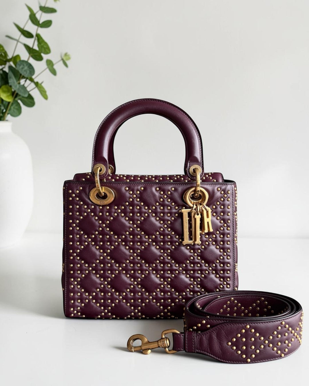 Dior Lady Medium Flap - Studded Cannage Calfskin Burgundy Red Gold Hardware