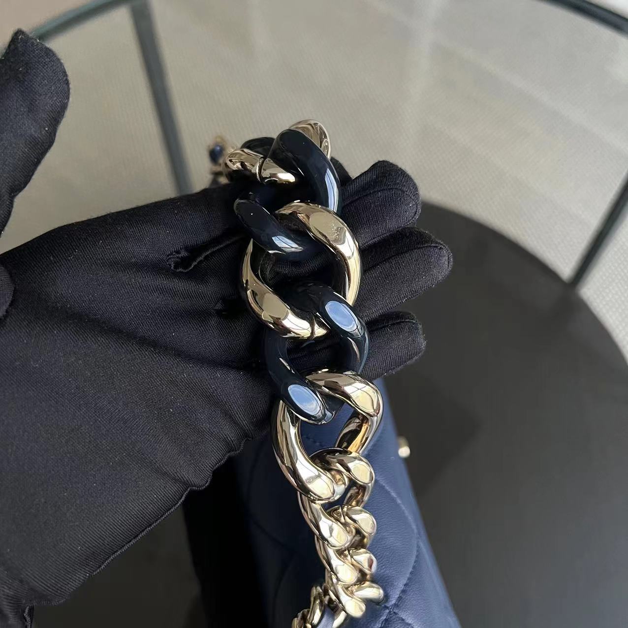 2020 Elegant Resin Chain Classic Flap Quilted Lambskin Dark Blue Two-Tone Golden Hardware No 29