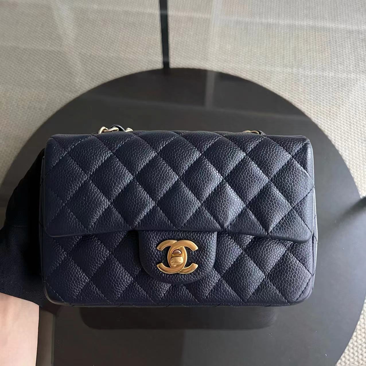 Caviar Mini Rectangle Classic Flap Quilted Grained Calfskin Dark Blue Golden Hardware Series 21